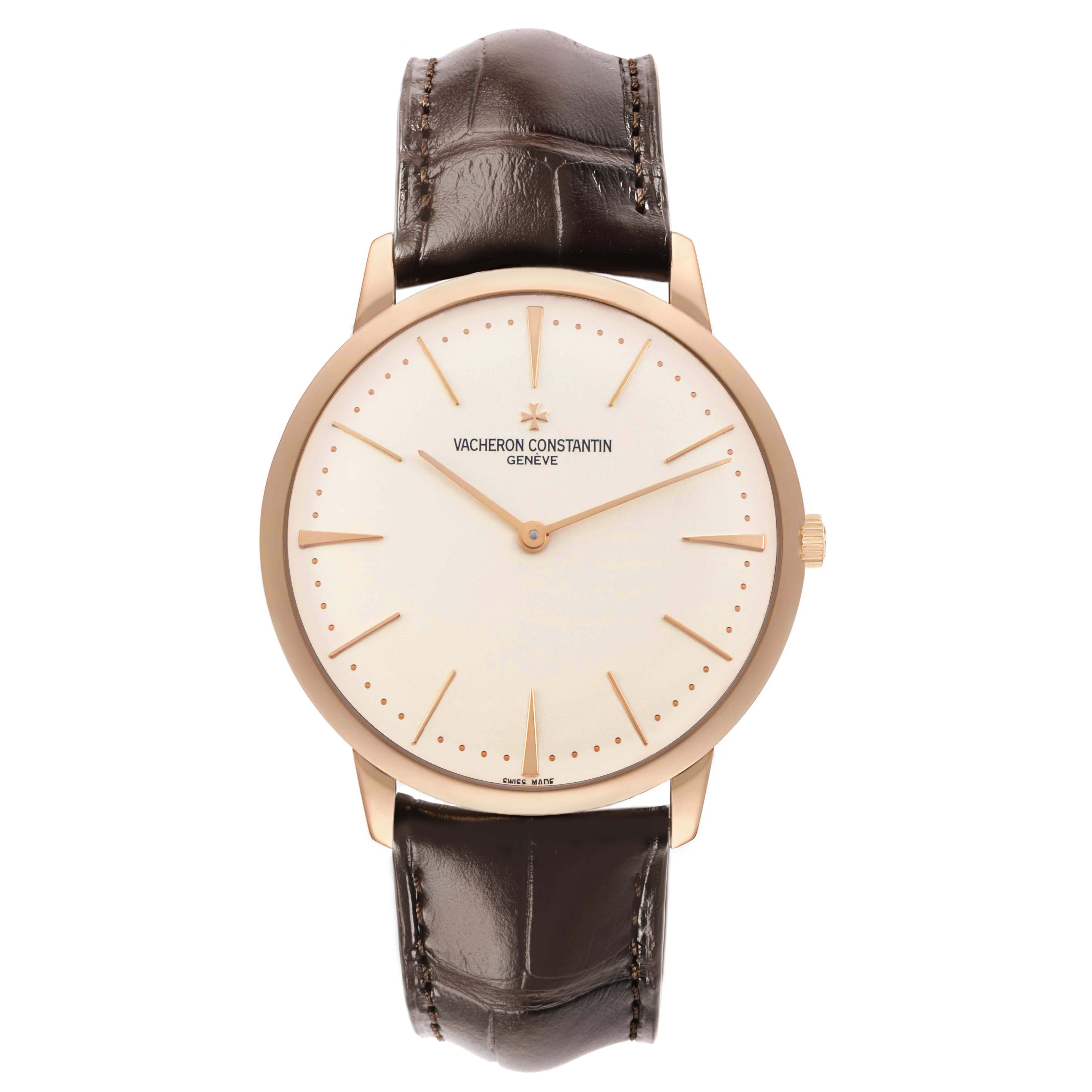 The Vacheron Constantin Patrimony 81180/000R-9159 Men's Rose Gold Silver Dial watch is shown from the front, highlighting the dial, hands, and leather strap.