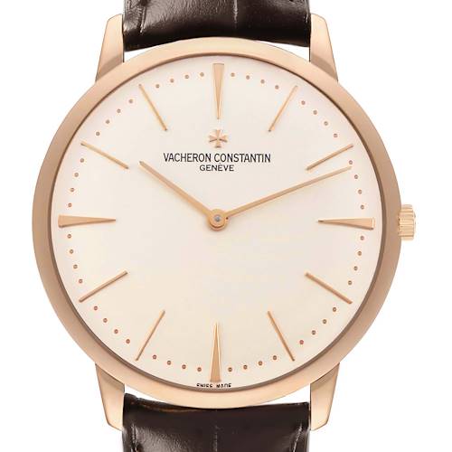The image shows a frontal view of the Vacheron Constantin Patrimony 81180/000R-9159 Men's Rose Gold Silver Dial watch, highlighting its face, hands, and crown.