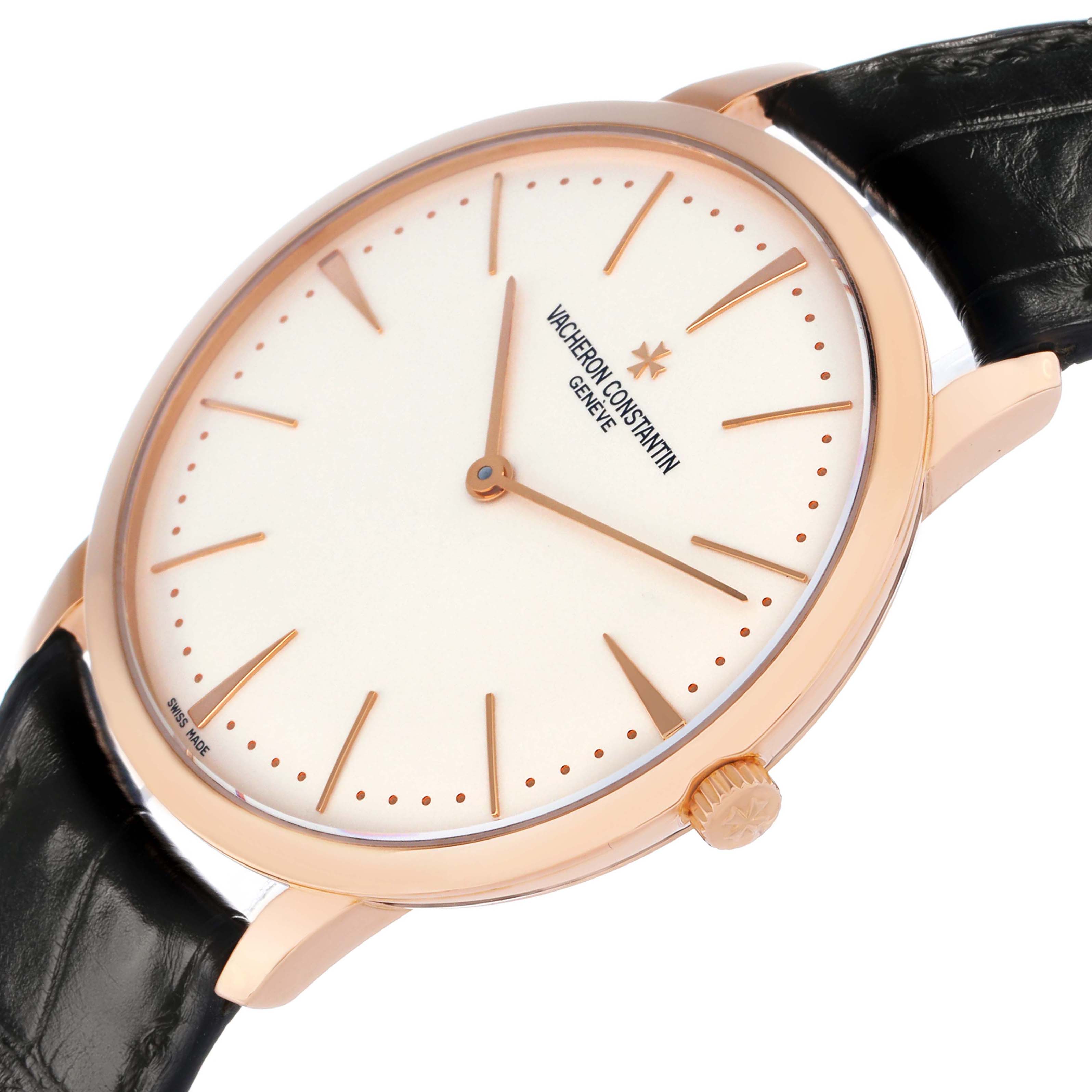 The Vacheron Constantin Patrimony 81180/000R-9159 Men's Rose Gold Silver Dial watch is shown at a slight side angle, highlighting the dial, case, crown, and black leather strap.