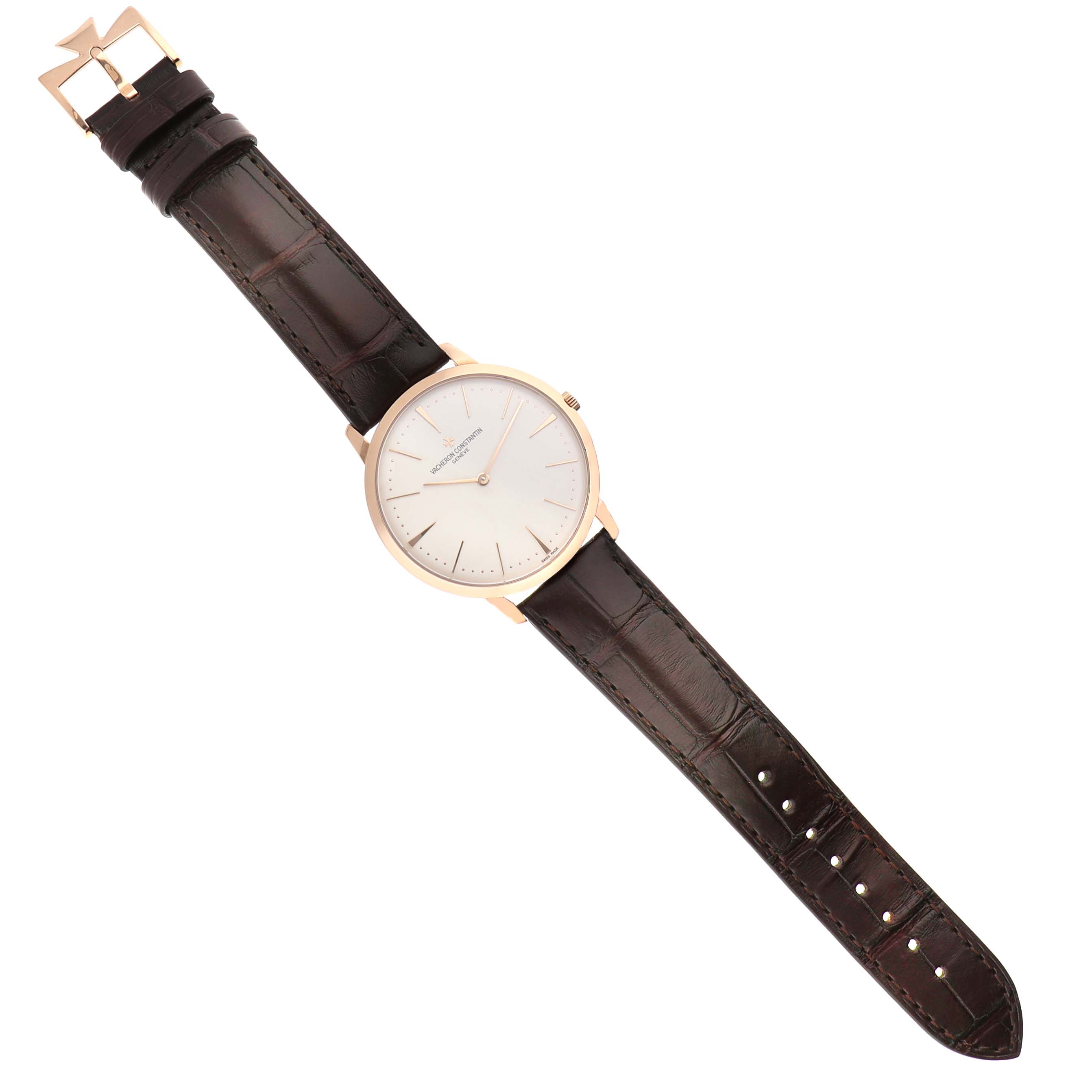 The Vacheron Constantin Patrimony 81180/000R-9159 Men's Rose Gold Silver Dial watch is shown from a top-down angle, displaying the entire face and leather strap.
