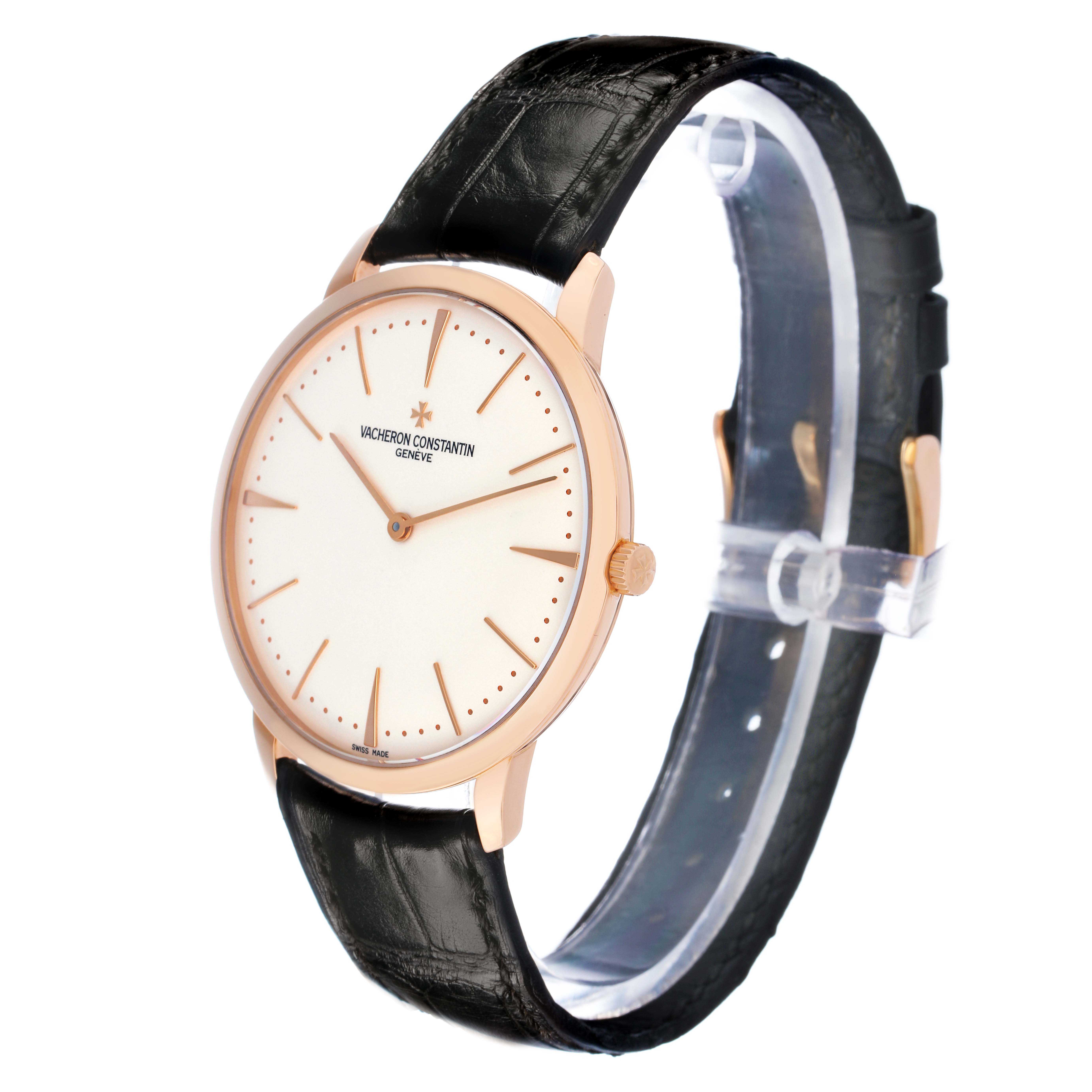 The Vacheron Constantin Patrimony 81180/000R-9159 Men's Rose Gold Silver Dial watch is shown from a three-quarter angle, displaying the face, case, and leather strap.