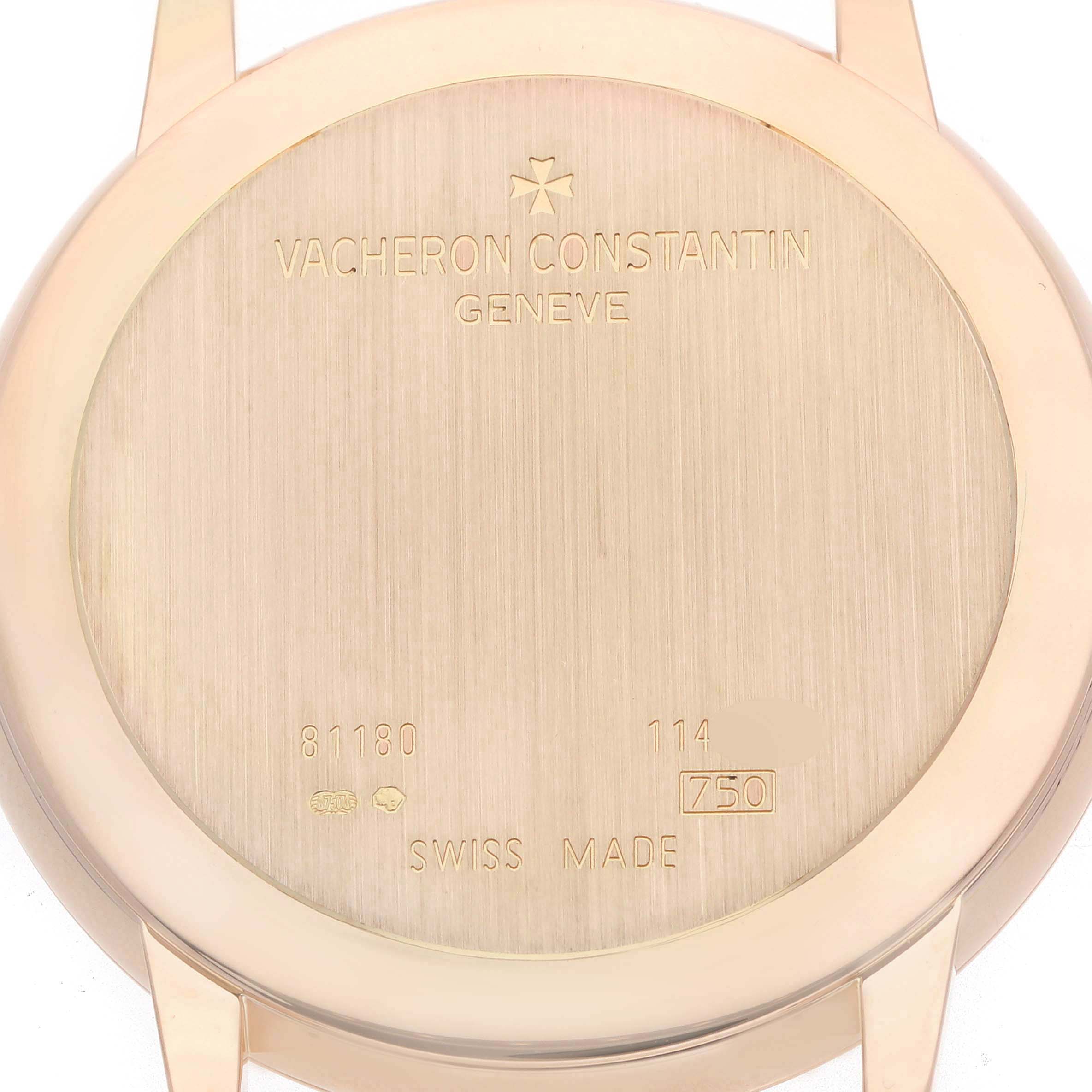 The image shows the back case of a Vacheron Constantin Patrimony 81180/000R-9159 Men's Rose Gold Silver Dial watch, displaying engravings and hallmark details.