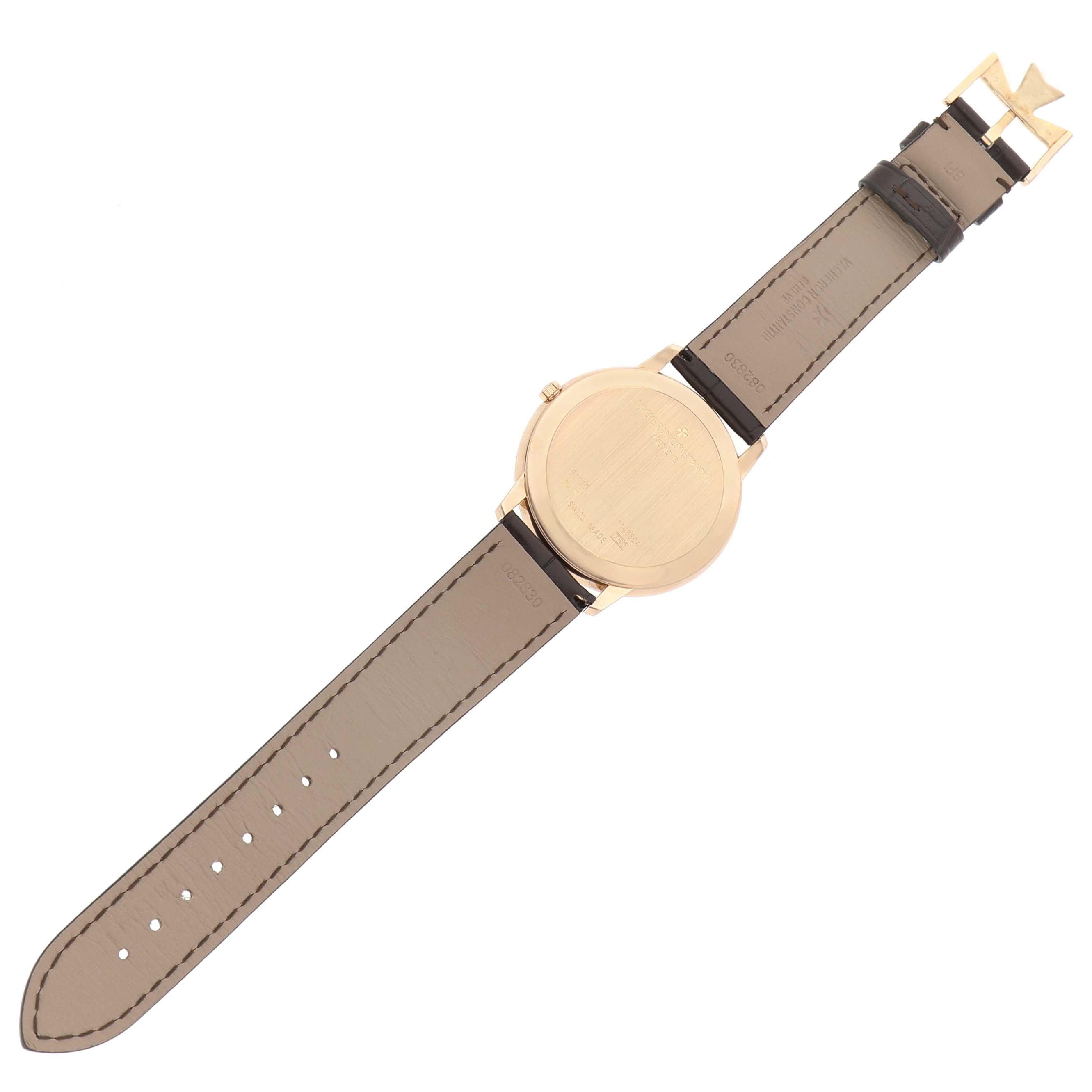 The image shows the back view of the Vacheron Constantin Patrimony 81180/000R-9159 Men's Rose Gold Silver Dial watch, highlighting the case and leather strap.