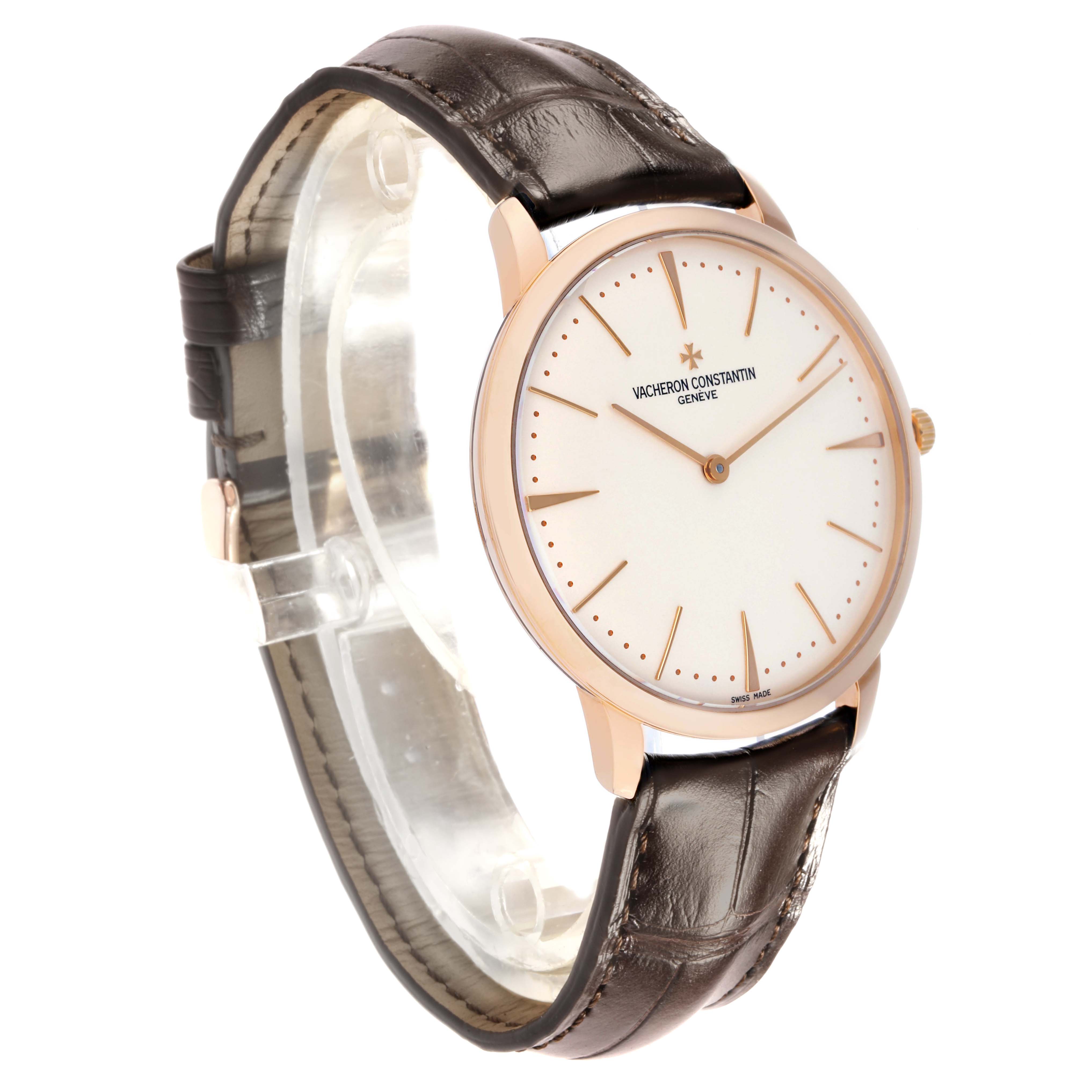 The Vacheron Constantin Patrimony 81180/000R-9159 Men's Rose Gold Silver Dial watch is shown at a three-quarter angle, highlighting the face, strap, and side profile.
