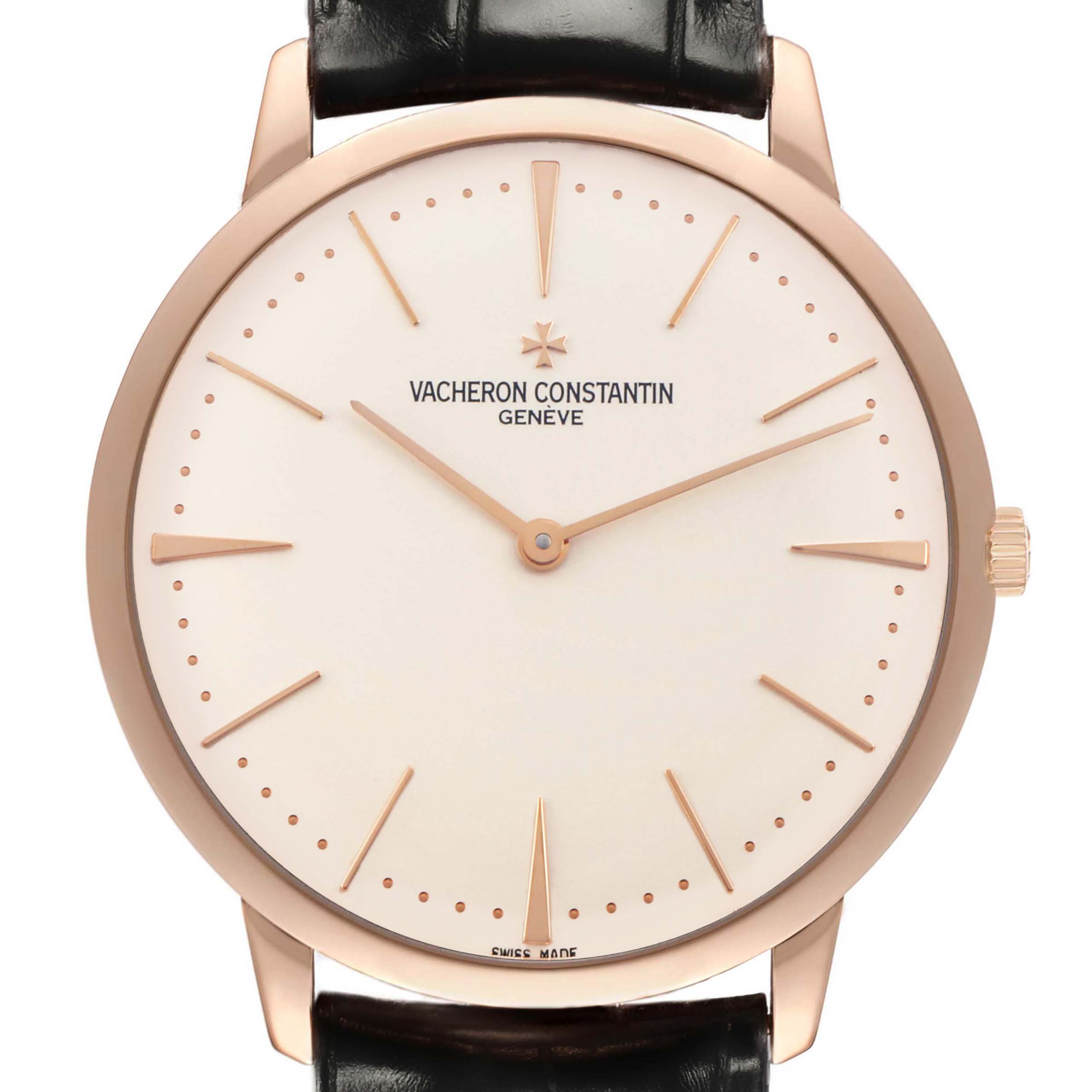 The Vacheron Constantin Patrimony 81180/000R-9159 Men's Rose Gold Silver Dial watch is shown from a front angle, displaying the dial, case, and crown.