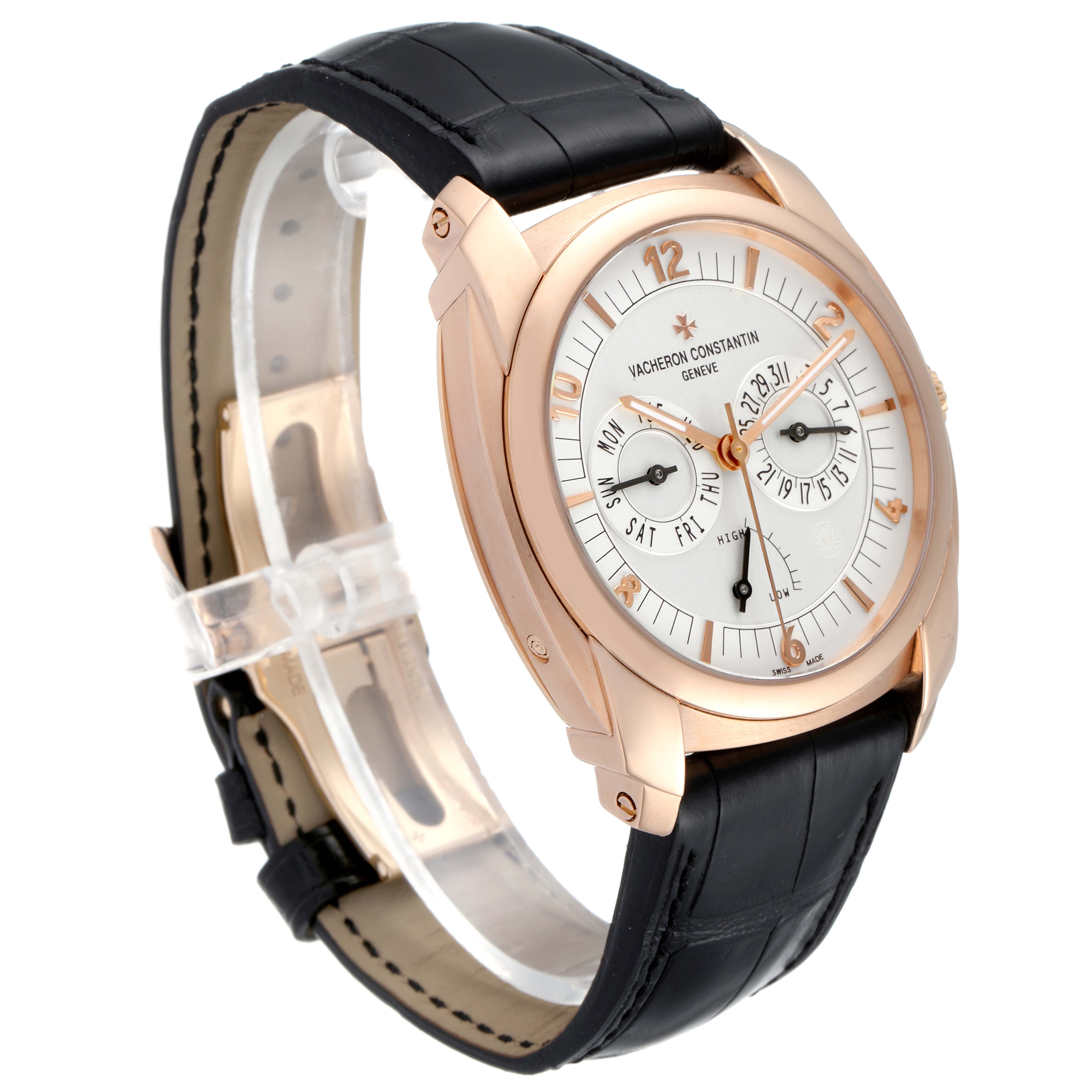 The image shows an angled view of the Vacheron Constantin Quai de L'Ile watch, highlighting the face, leather strap, and case.