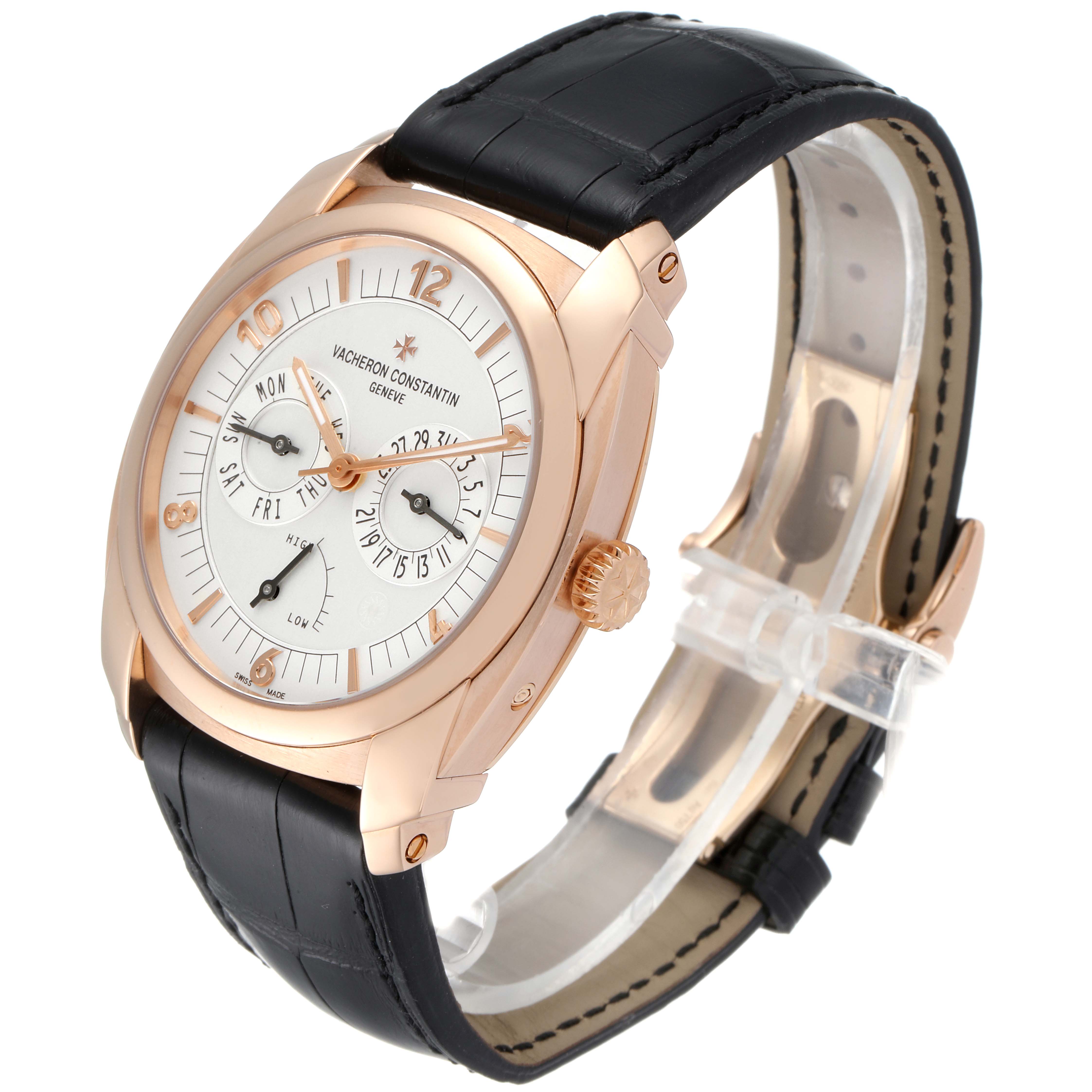 The Vacheron Constantin Quai de L'ile watch is shown at an angled side view, highlighting its dial, case, and strap.