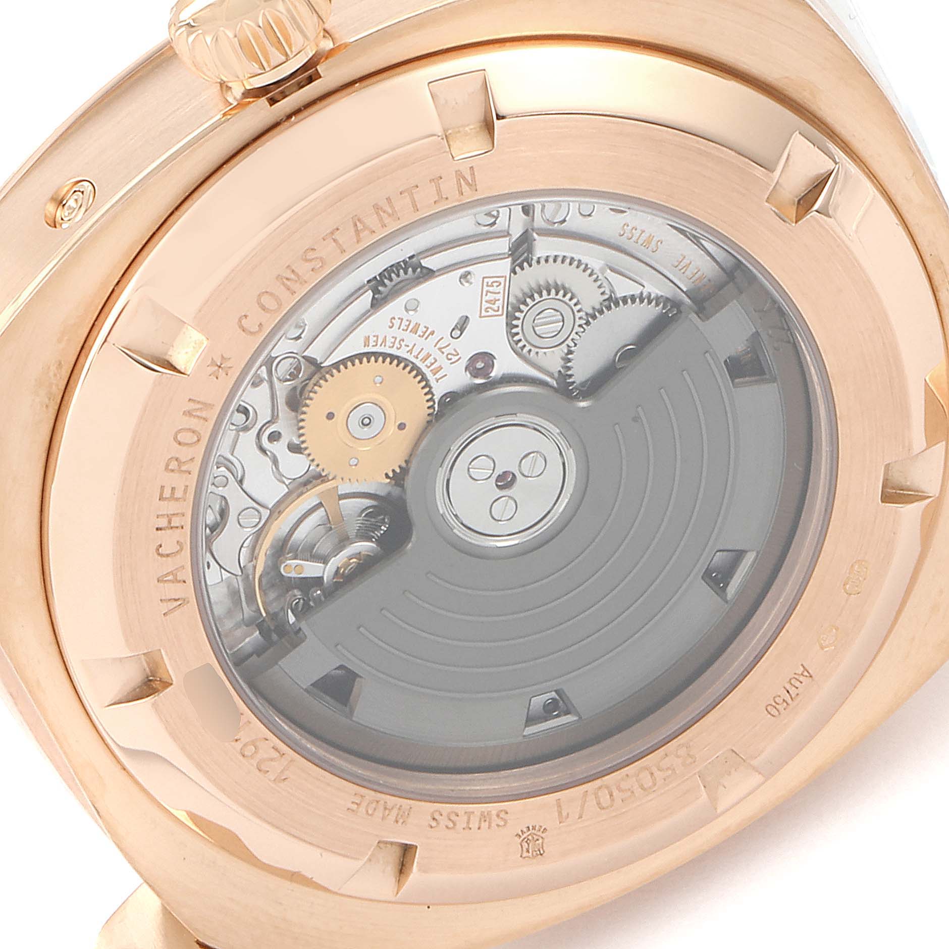 The image shows the back view of the Vacheron Constantin Quai de Lile 85050/000R-I0P29 Men's Rose Gold Silver Dial 85050/000R-I0P29 Men's Rose Gold Silver Dial watch, showcasing its movement and rotor.