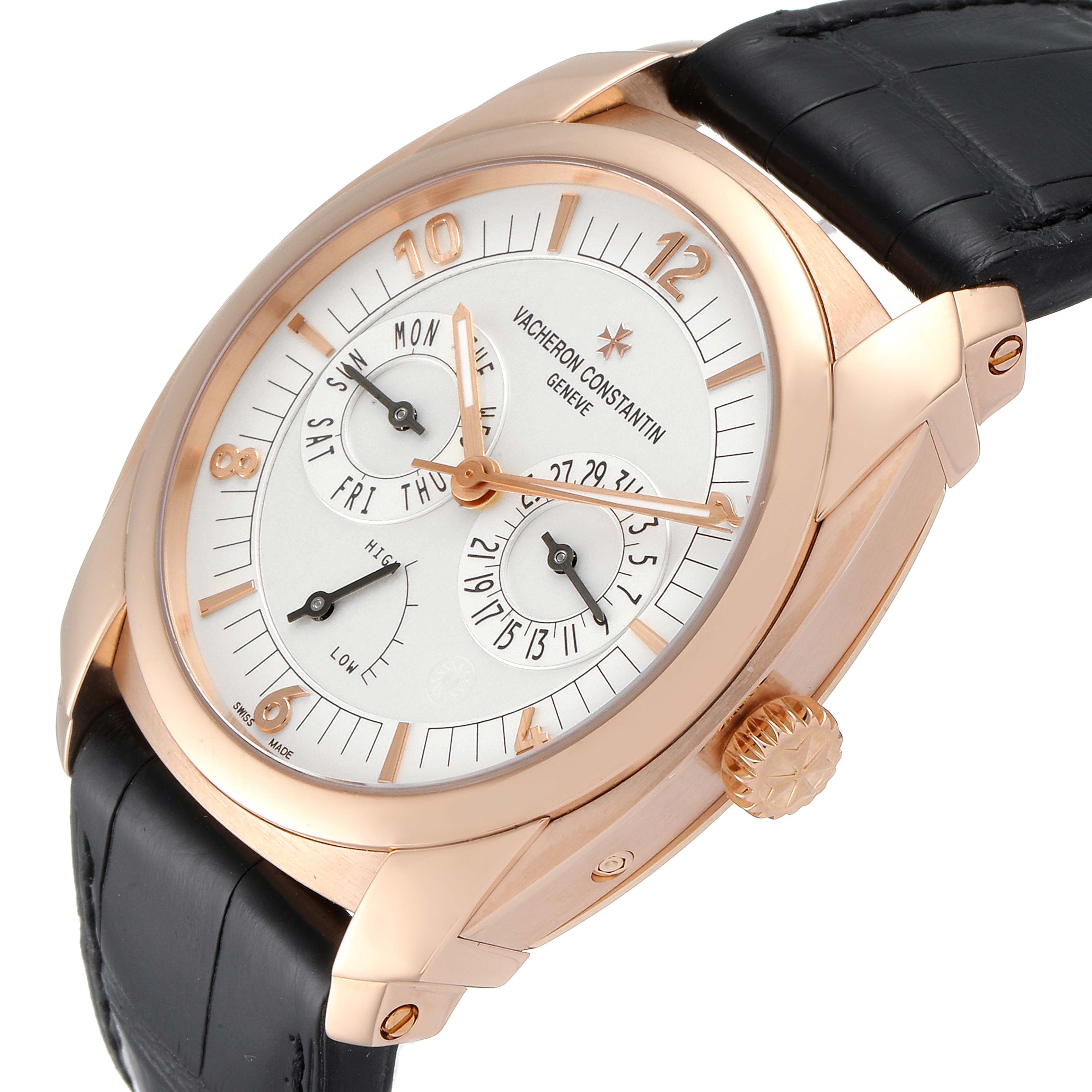 The image displays a Vacheron Constantin Quai de L'Ile watch taken from a slight side angle, highlighting its dial and crown.