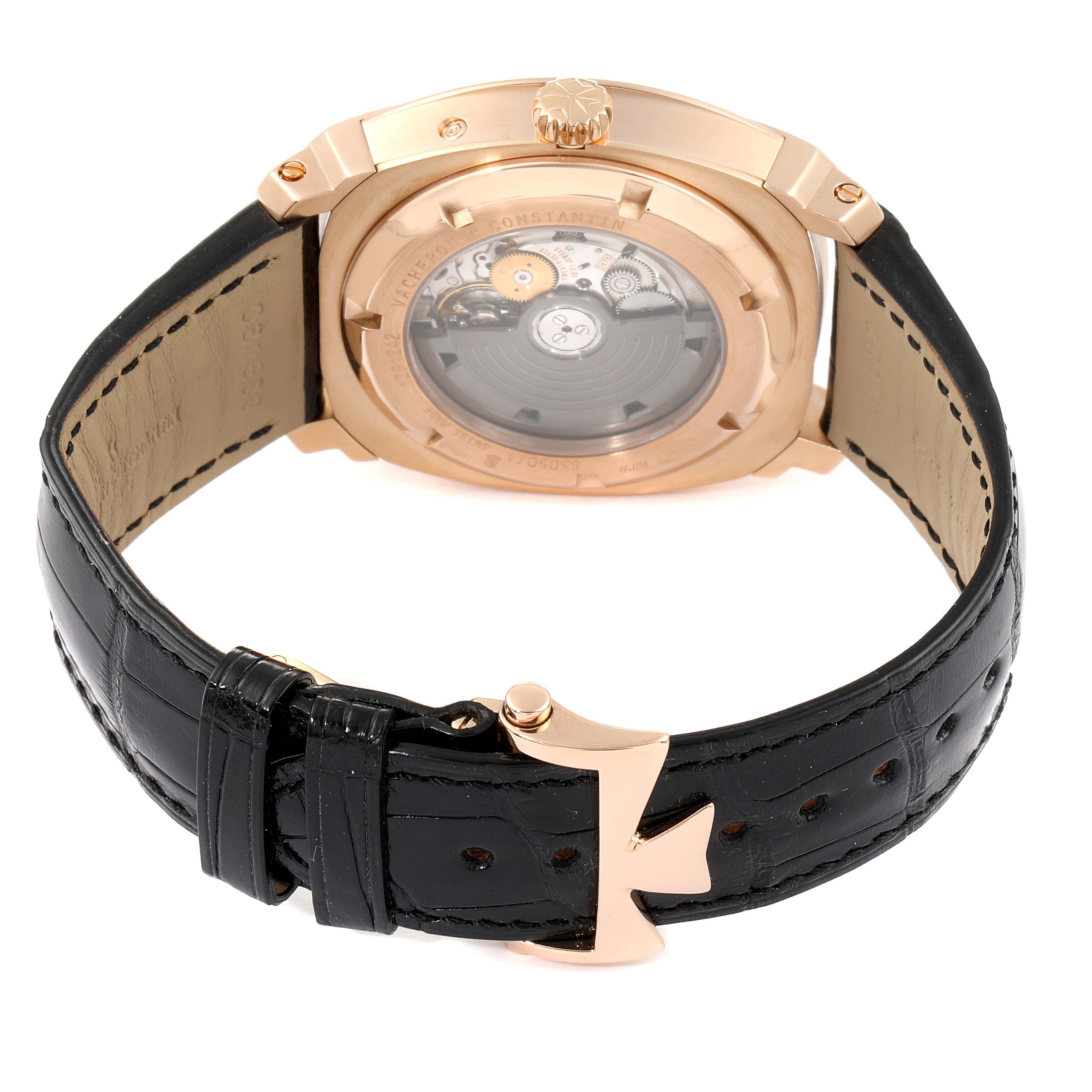 The image shows the back view of a Vacheron Constantin Quai de l'Ile watch, highlighting its case back and leather strap with clasp.