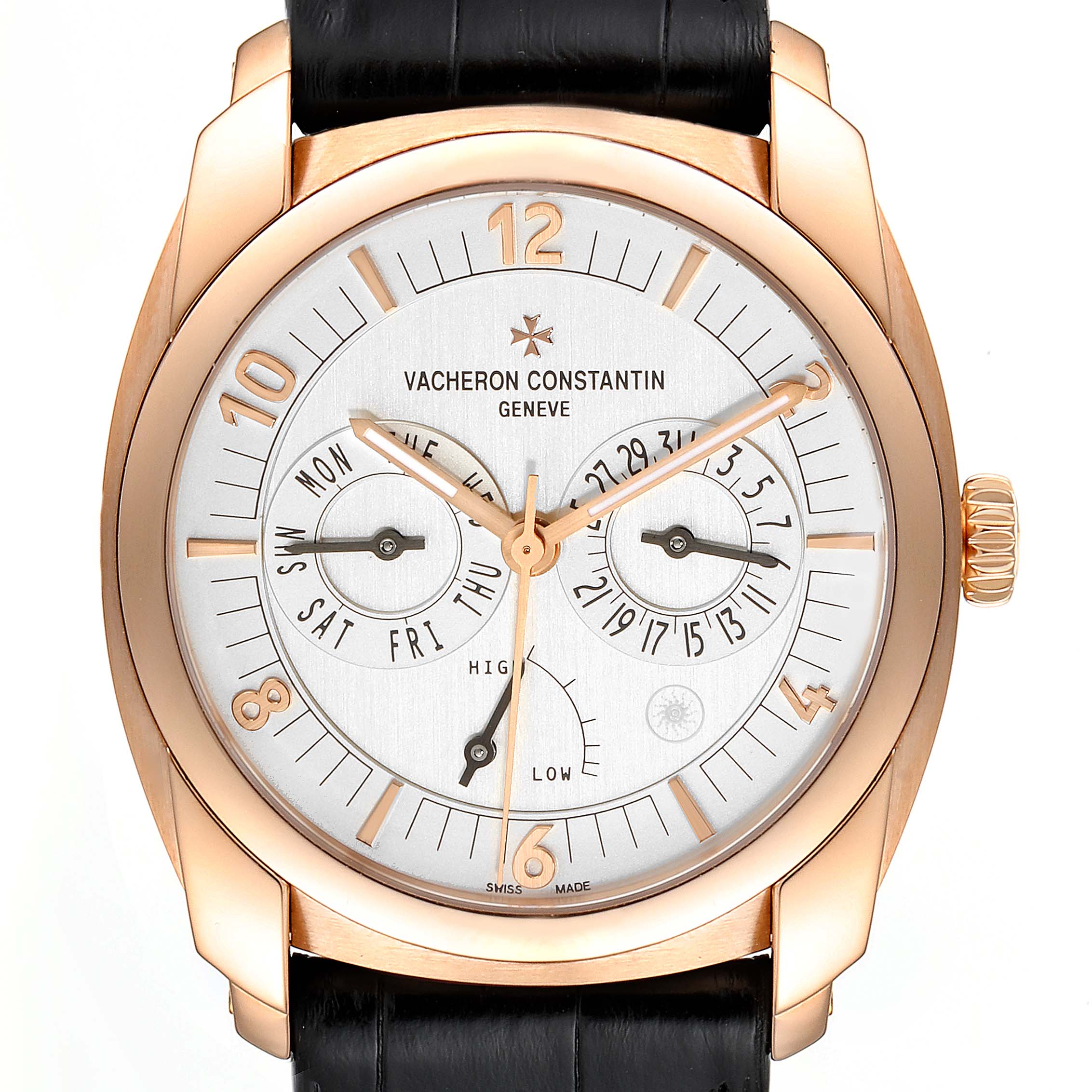 The image shows a frontal view of a Vacheron Constantin Quai de l'Ile watch, highlighting its dial, hands, and case.