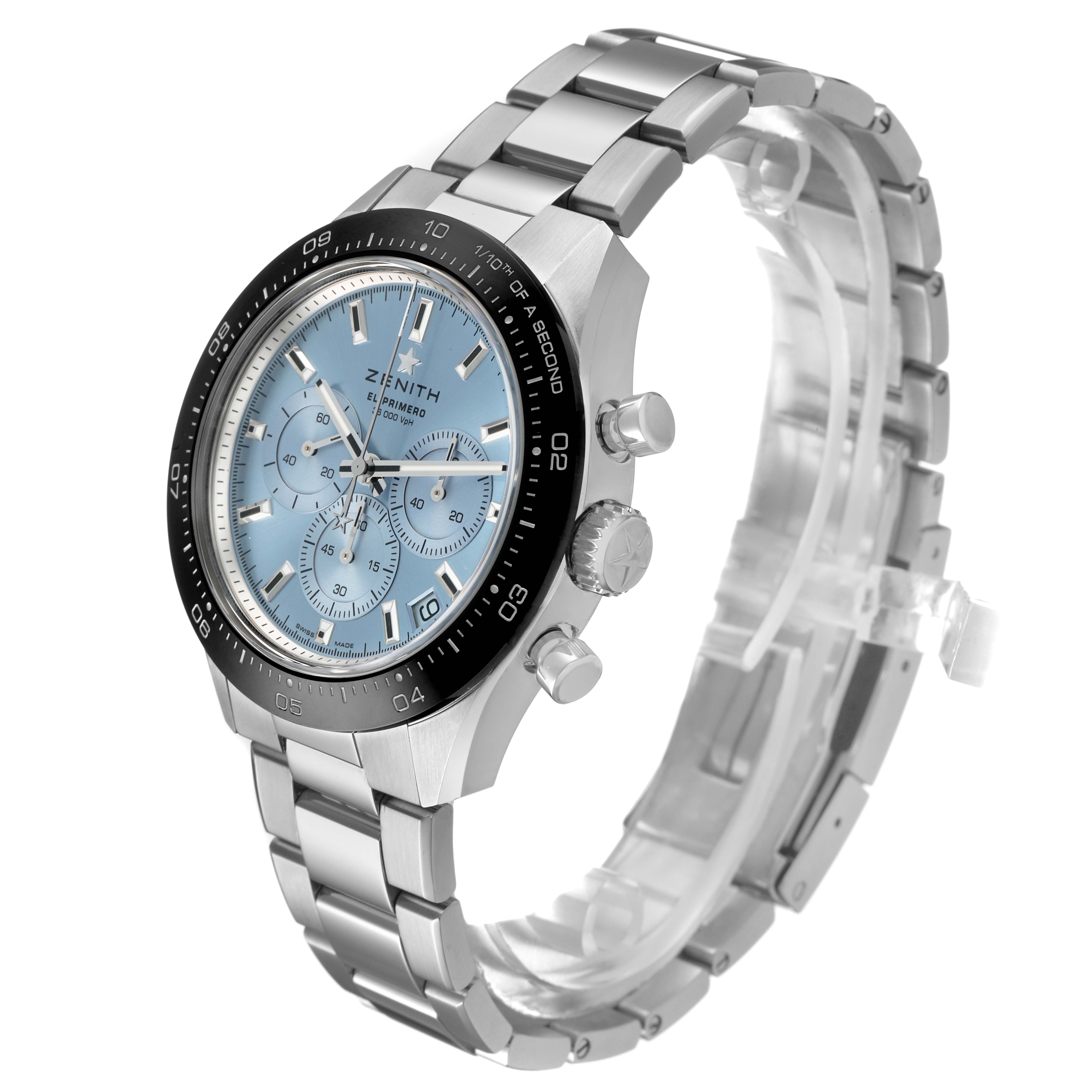 The Zenith Chronomaster 03.3105.3600/52.M3100 Men's Stainless Steel Blue Dial watch is shown at a three-quarter angle, displaying its face, bezel, and metal bracelet band.