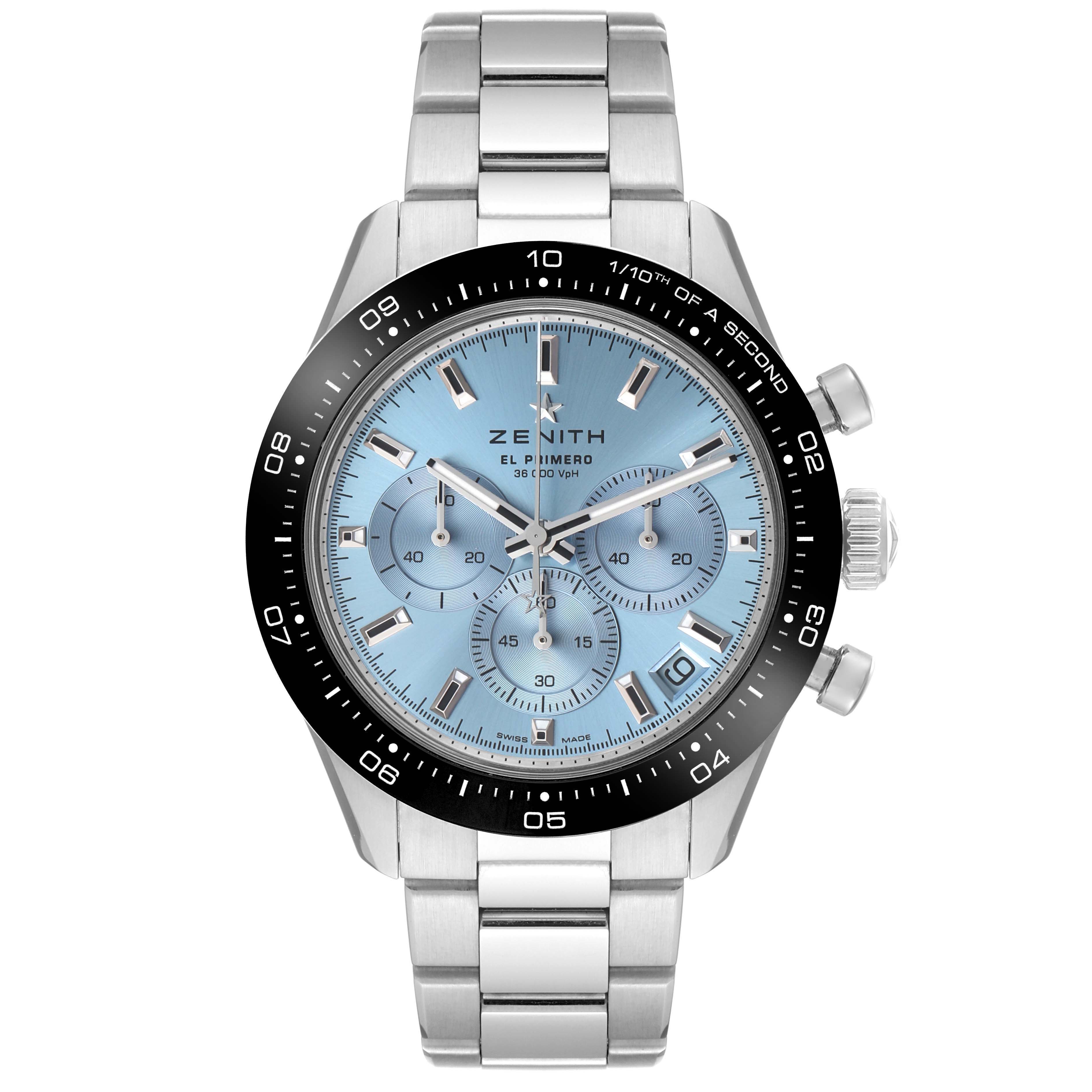 The Zenith Chronomaster 03.3105.3600/52.M3100 Men's Stainless Steel Blue Dial watch is shown from the front, displaying its face, bezel, and stainless steel bracelet.