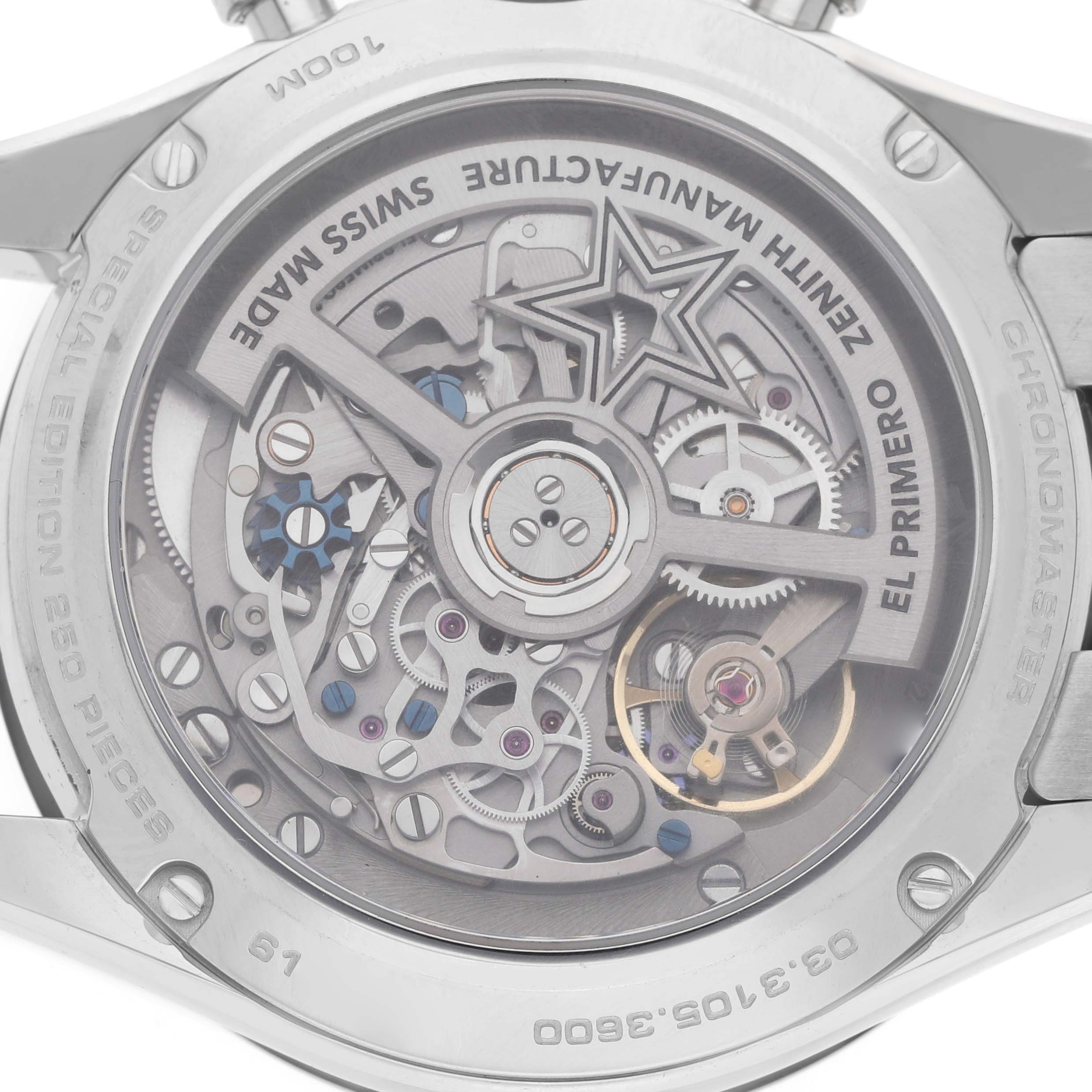 The image shows the open case back of the Zenith Chronomaster 03.3105.3600/52.M3100 Men's Stainless Steel Blue Dial, highlighting its intricate El Primero movement.