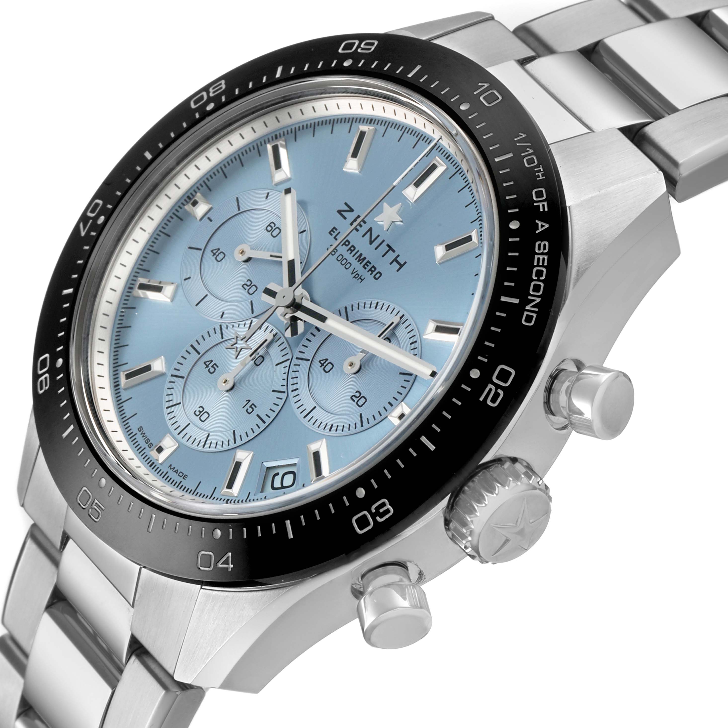 The Zenith Chronomaster 03.3105.3600/52.M3100 Men's Stainless Steel Blue Dial watch is shown at a slight angle, highlighting its blue dial, subdials, bezel, and crown.