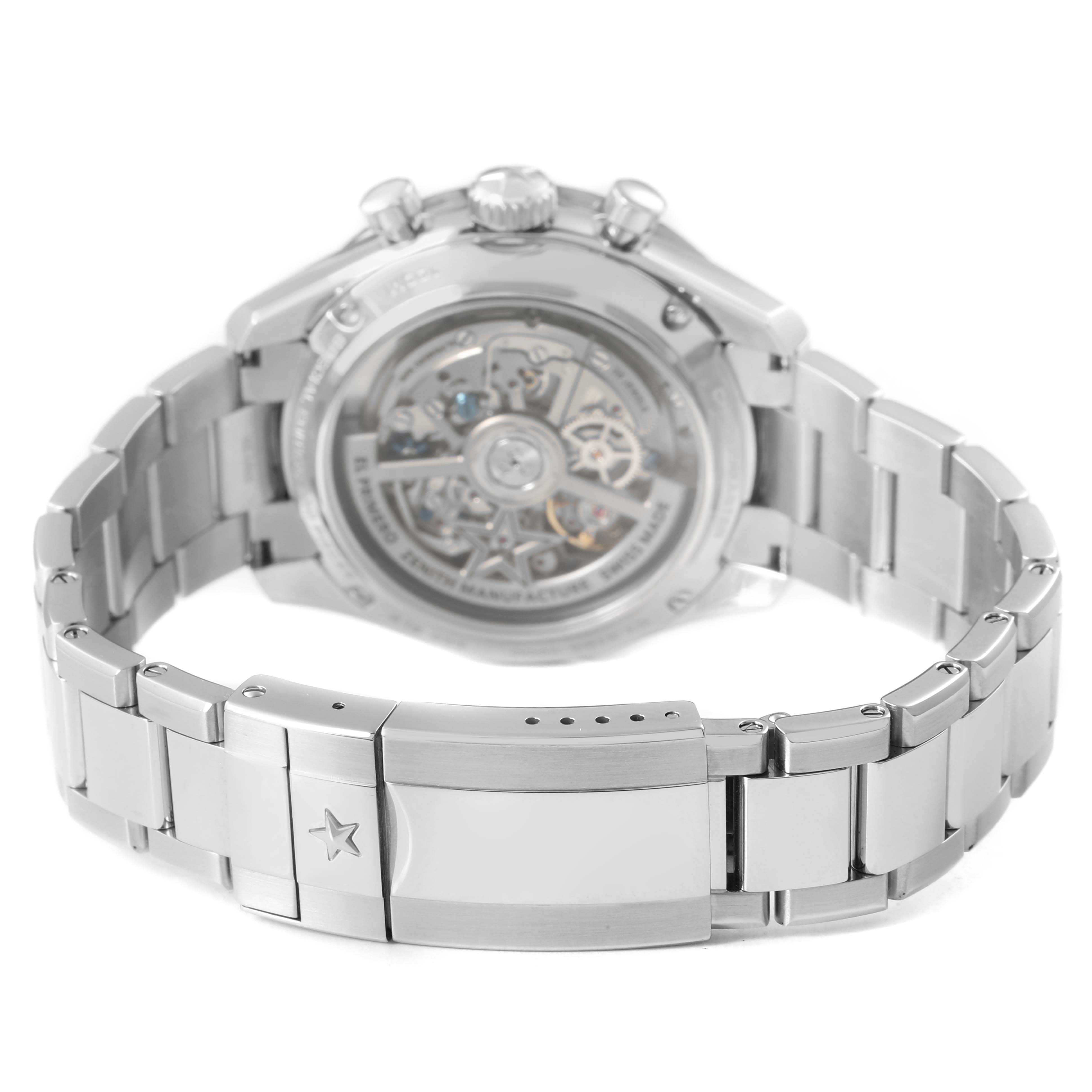 The image shows the case back and metal bracelet of the Zenith Chronomaster 03.3105.3600/52.M3100 Men's Stainless Steel Blue Dial watch, highlighting its open movement mechanism and clasp.