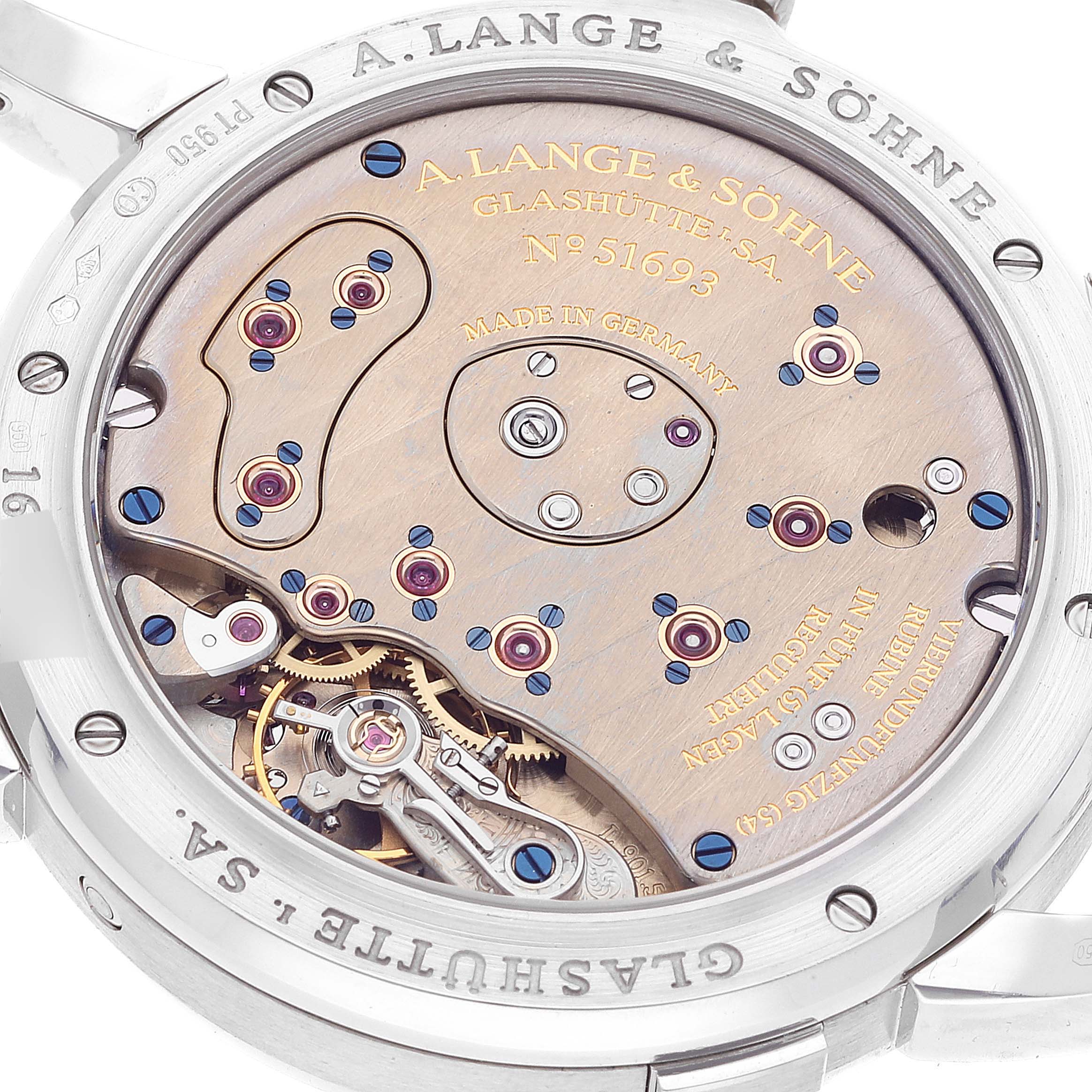 This image shows the back view of the Lange 1 model by A. Lange & Söhne, displaying its intricate movement and internal mechanisms.