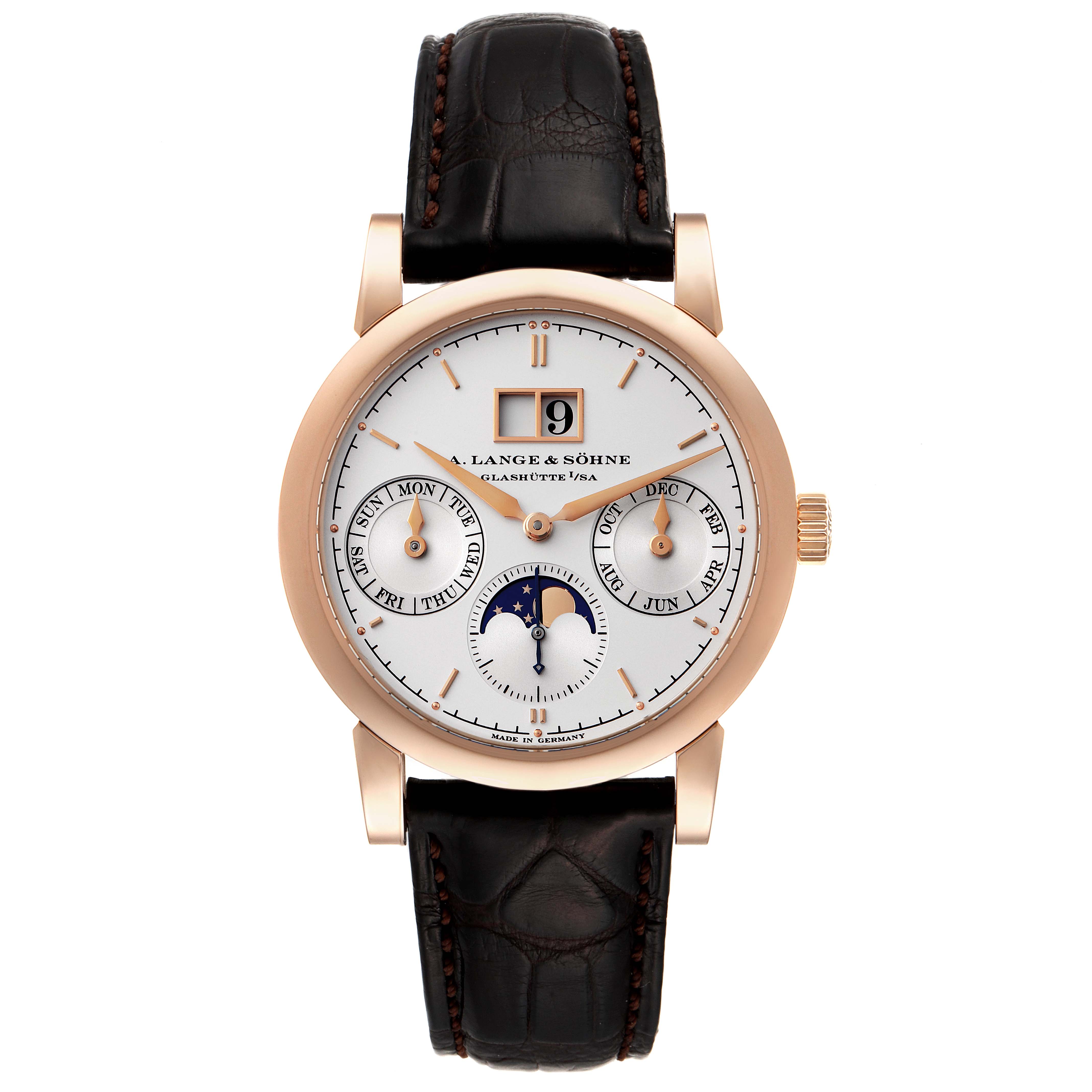 The image shows a front view of the A. Lange & Sohne Saxonia 330.032 Men's Rose Gold Silver Dial watch, displaying its dial, case, and leather strap.