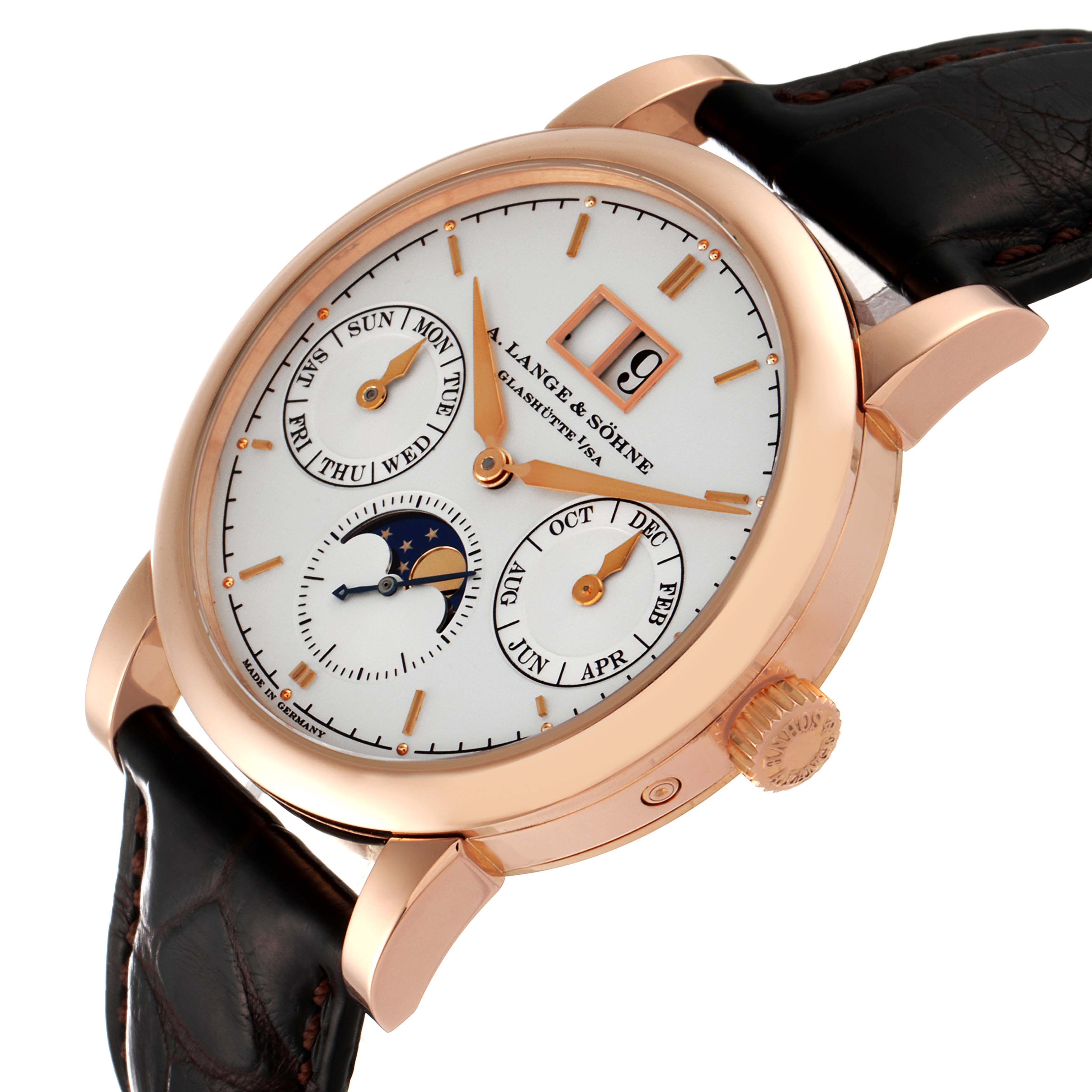 The A. Lange & Sohne Saxonia 330.032 Men's Rose Gold Silver Dial watch is shown at an angle showcasing the dial, crown, and leather strap.