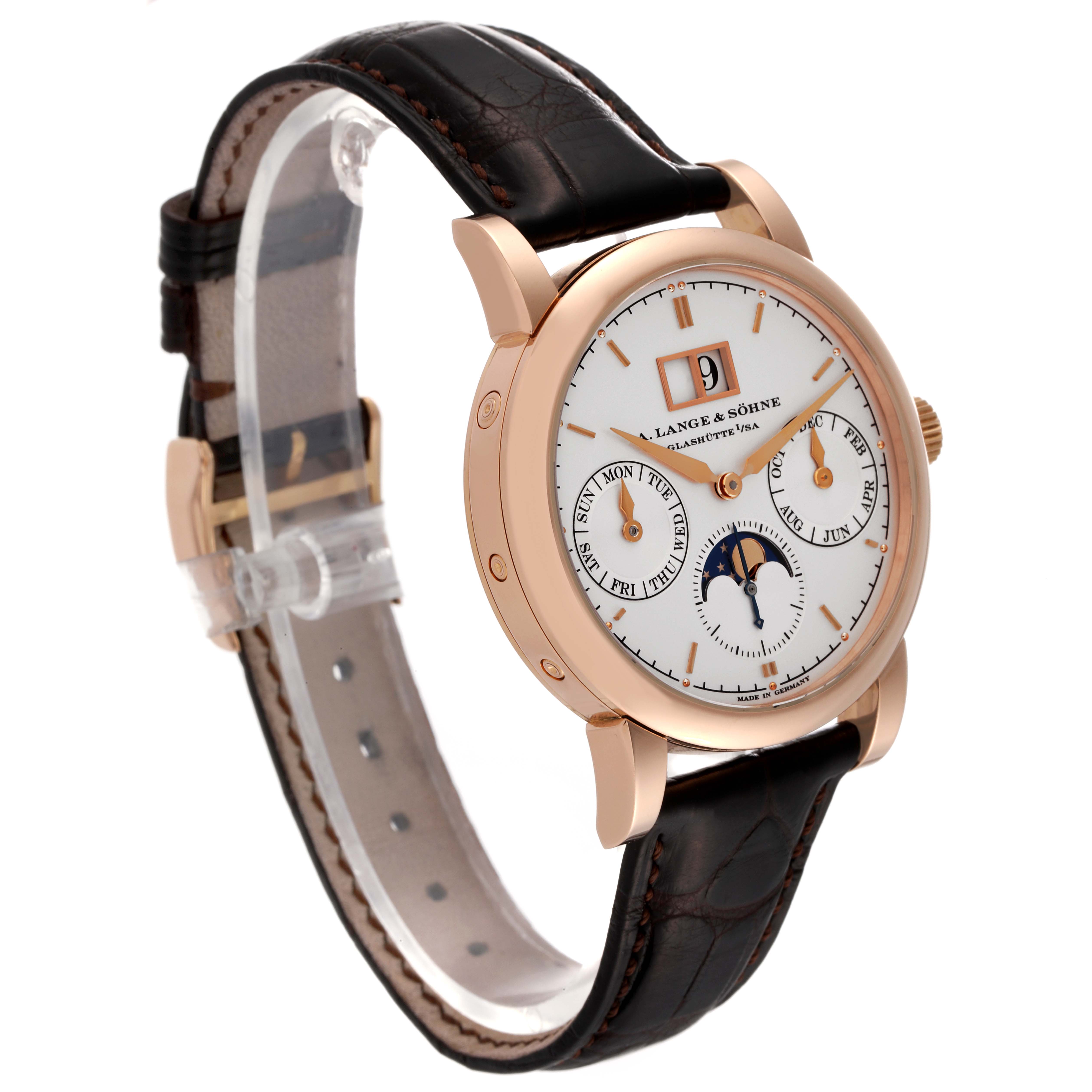 The image shows an A. Lange & Sohne Saxonia 330.032 Men's Rose Gold Silver Dial watch at a front-side angle, highlighting the dial, case, and strap.