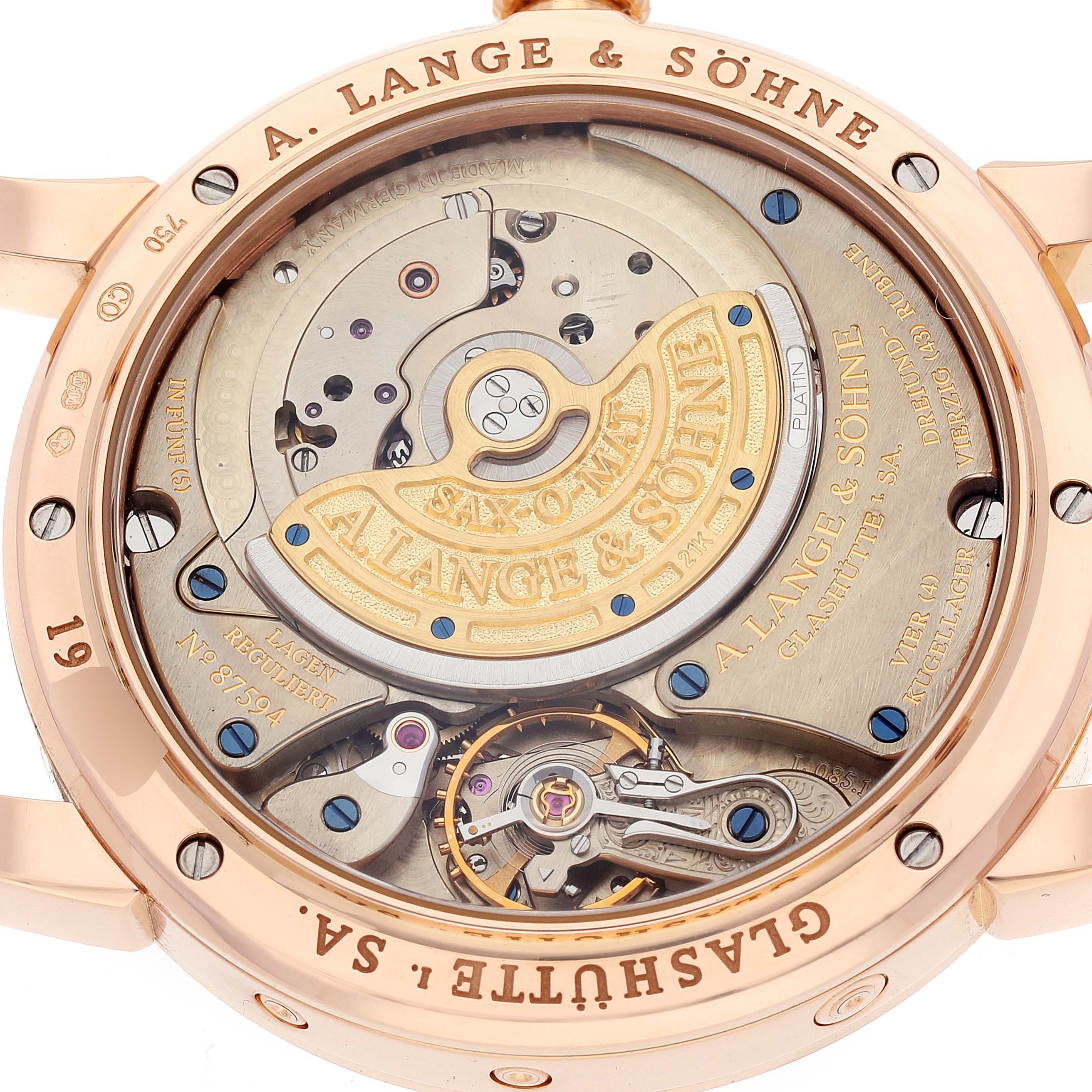This image shows the rear view of the A. Lange & Sohne Saxonia 330.032 Men's Rose Gold Silver Dial watch, highlighting its mechanical movement and rotor.