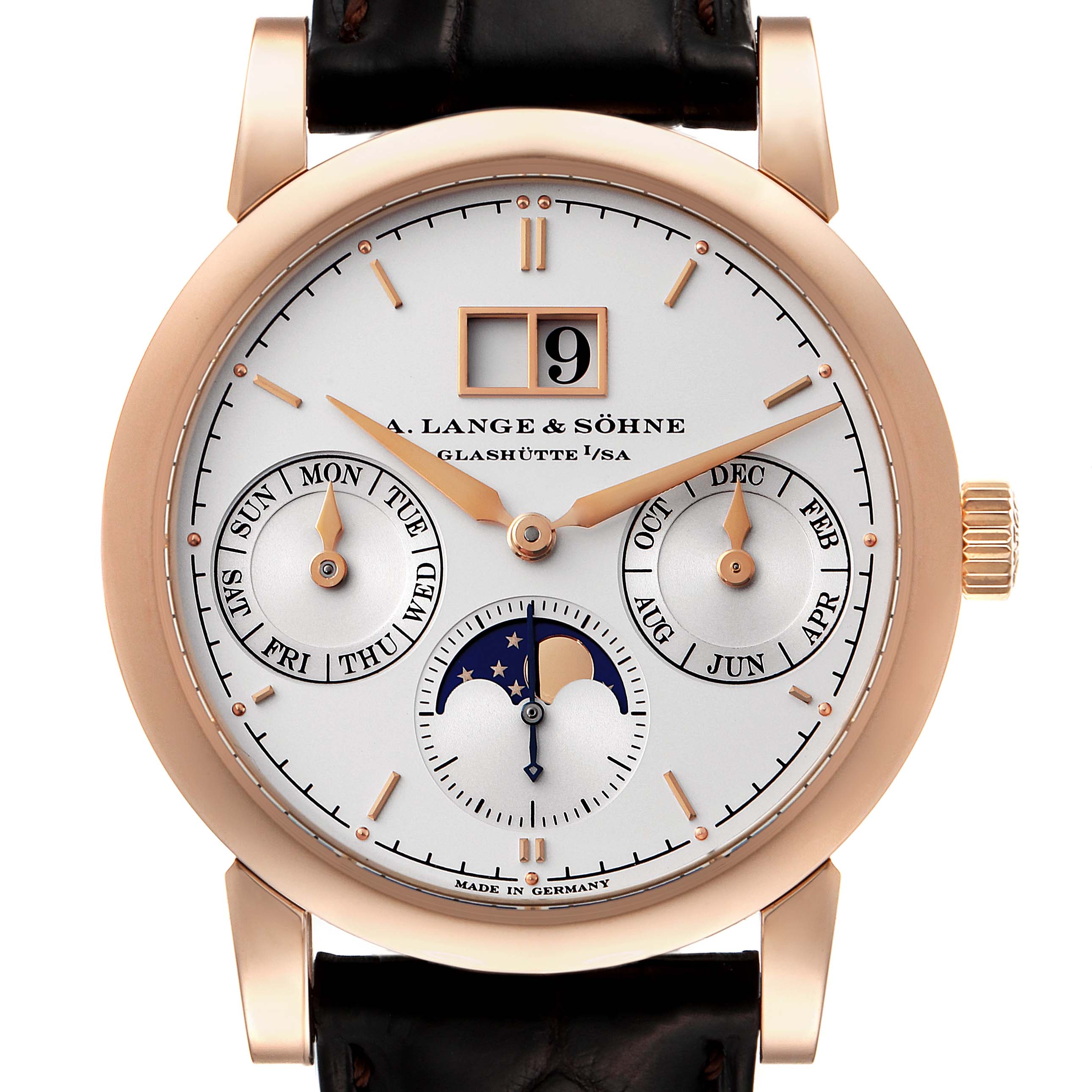 The image shows a front view of the A. Lange & Sohne Saxonia 330.032 Men's Rose Gold Silver Dial watch, featuring dials for day, month, and a moon phase indicator.