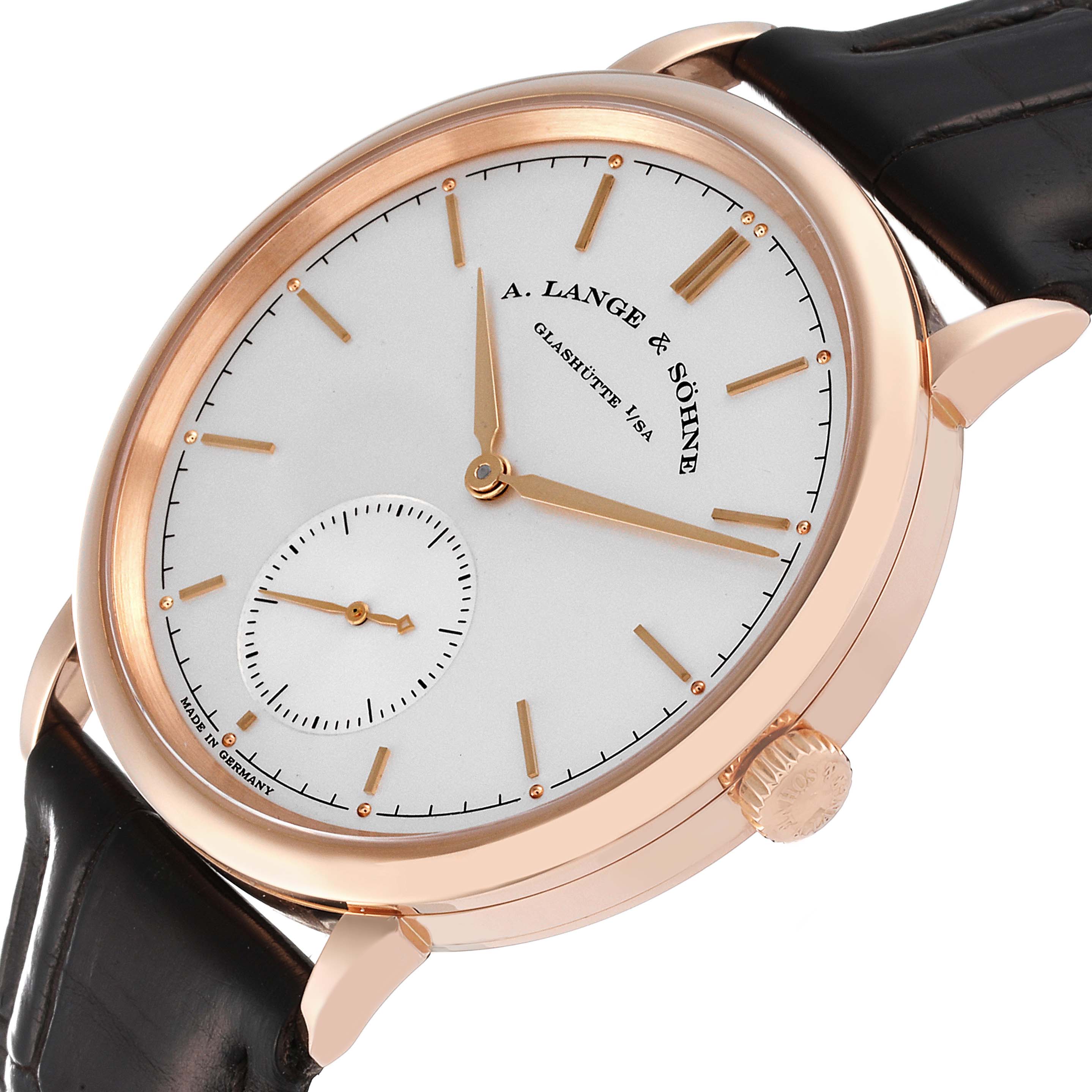 This image shows a close-up angle of the A. Lange & Sohne Saxonia 380.032 Men's Rose Gold Silver Dial watch, highlighting its dial, case, crown, and part of the strap.