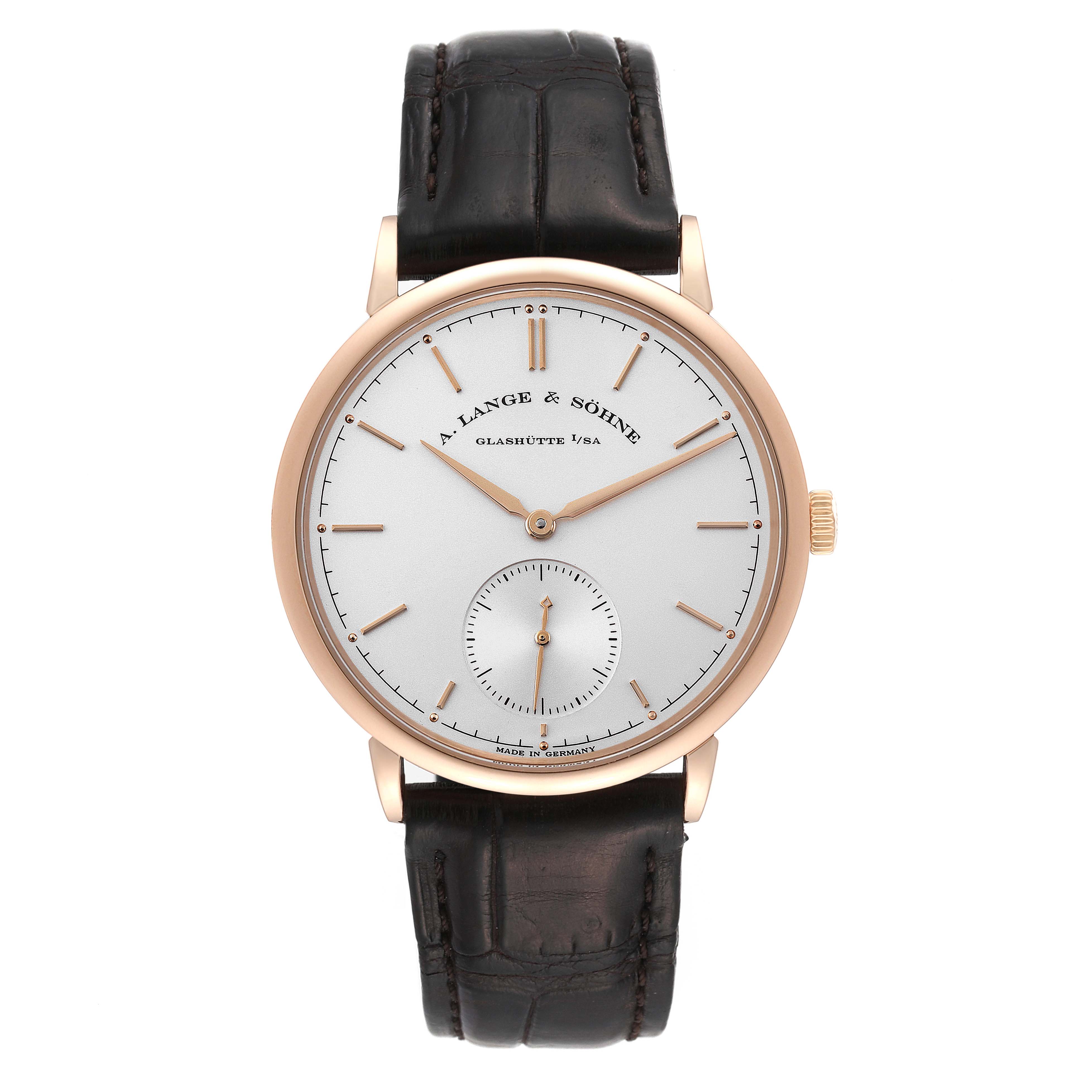 This image shows a front view of the A. Lange & Sohne Saxonia 380.032 Men's Rose Gold Silver Dial watch, highlighting its dial, hands, and leather strap.