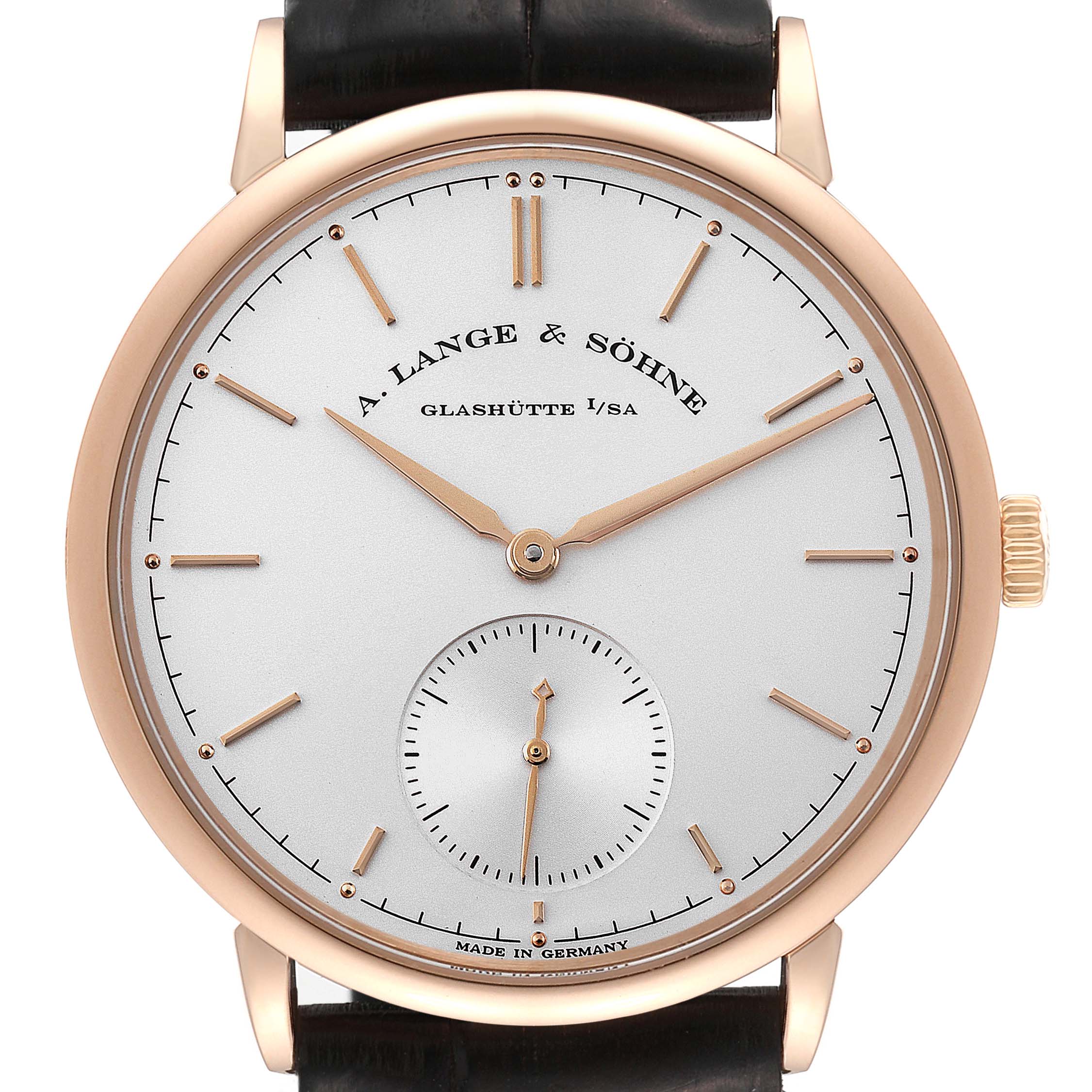 The image shows a front view of the A. Lange & Sohne Saxonia 380.032 Men's Rose Gold Silver Dial watch, highlighting its dial, hands, and case.