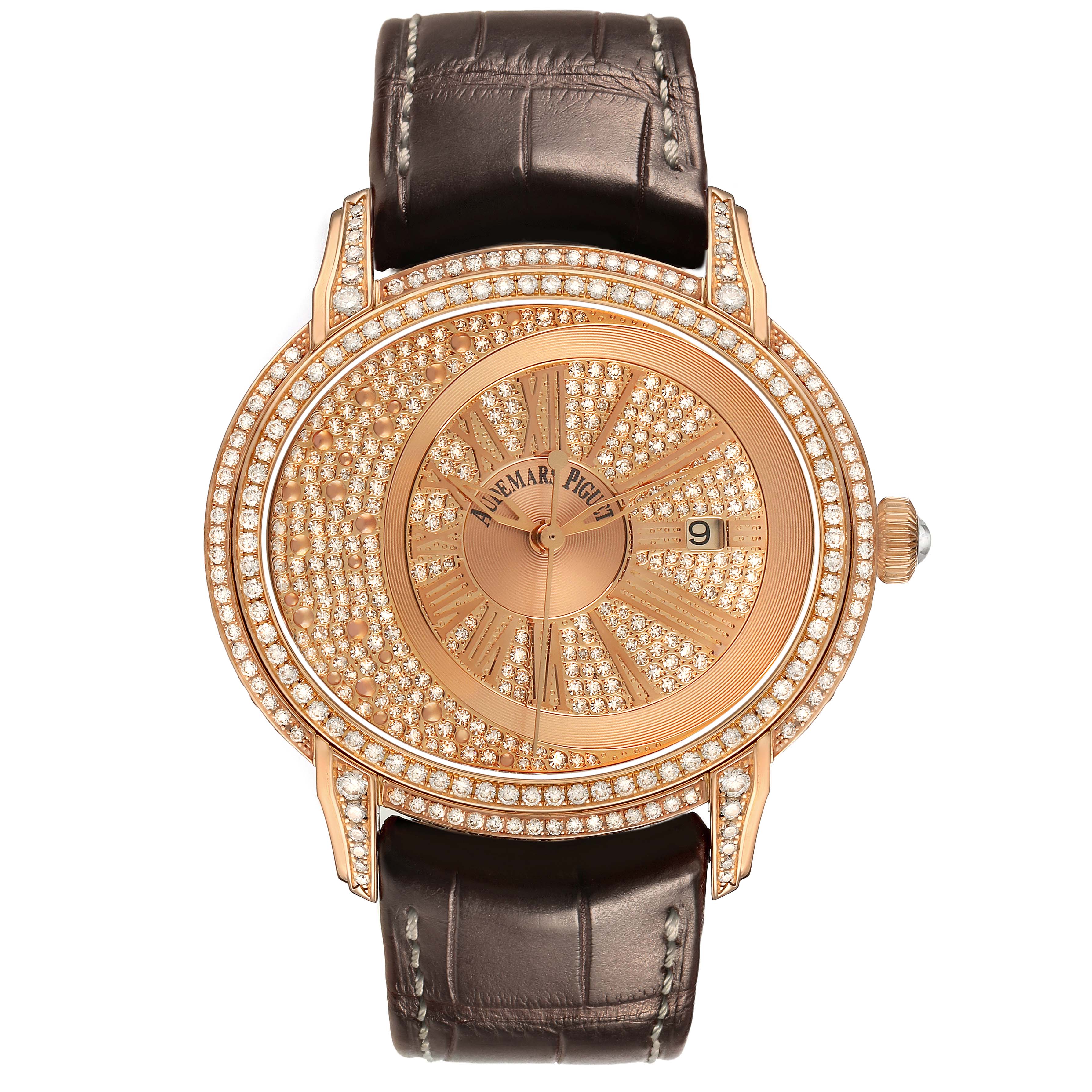 The Audemars Piguet Millenary 15330OR.ZZ.D102CR.01 Women's Rose Gold Pink Dial watch is shown from a top view, featuring a diamond-encrusted bezel, dial, and a leather strap.