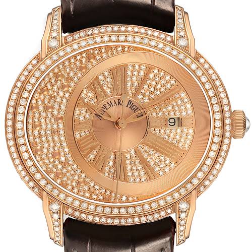 The Audemars Piguet Millenary 15330OR.ZZ.D102CR.01 Women's Rose Gold Pink Dial watch is shown from the front, featuring a diamond-encrusted bezel, dial, and a visible date window.