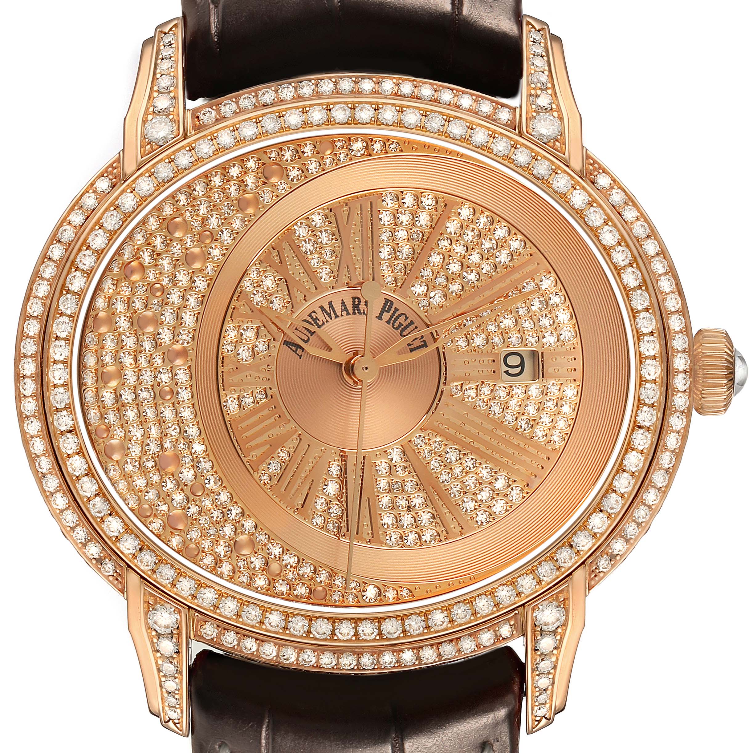 The image shows a frontal view of the Audemars Piguet Millenary 15330OR.ZZ.D102CR.01 Women's Rose Gold Pink Dial watch, highlighting its diamond-encrusted dial and bezel.