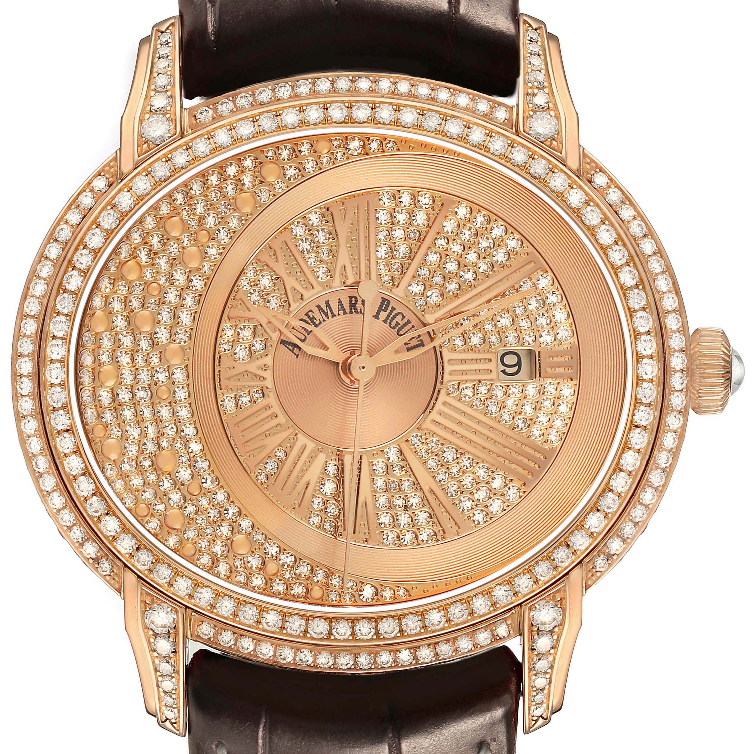 The Audemars Piguet Millenary 15330OR.ZZ.D102CR.01 Men's Rose Gold Pink Dial watch is shown from the front, highlighting its diamond-encrusted dial and rose gold case.