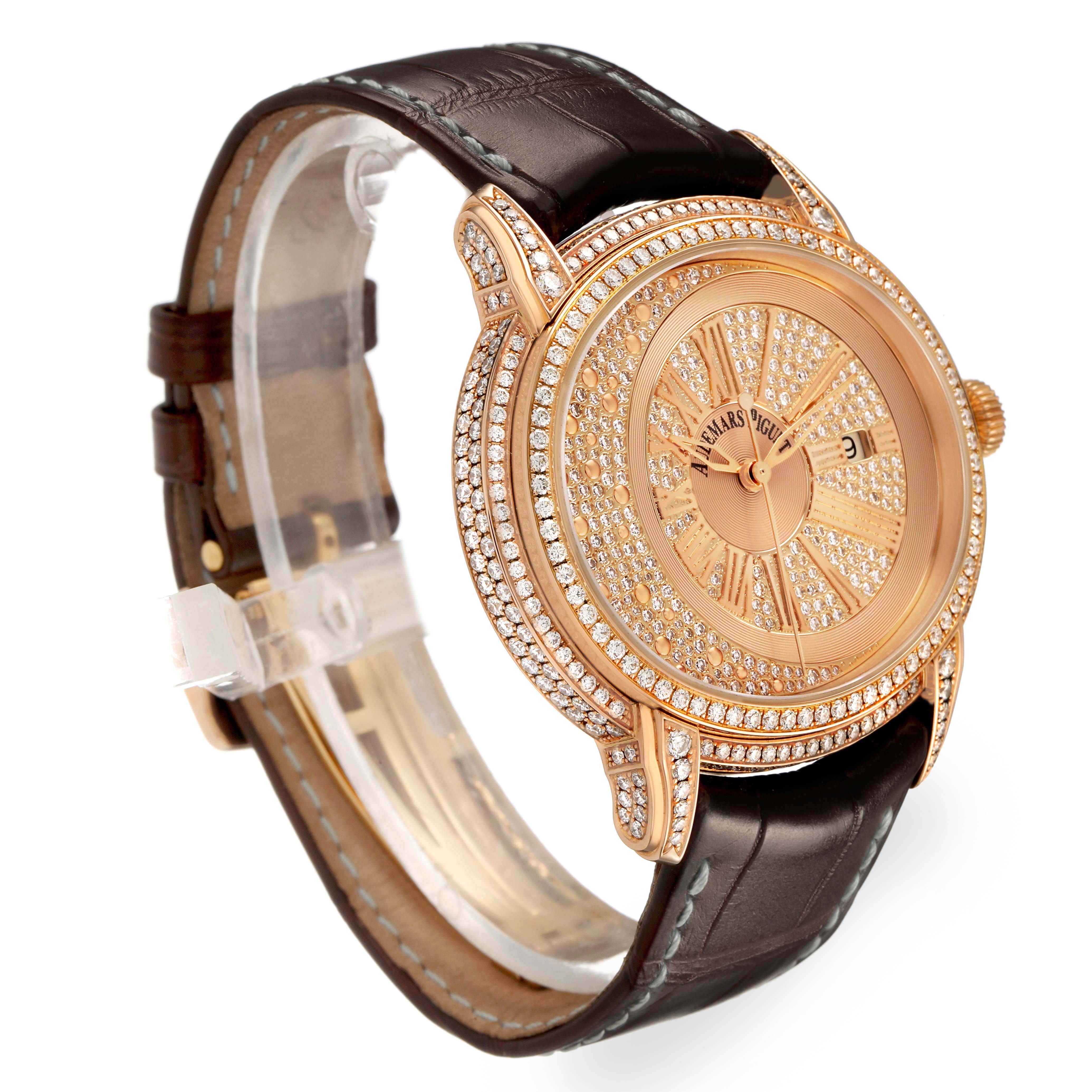 The Audemars Piguet Millenary 15330OR.ZZ.D102CR.01 Men's Rose Gold Pink Dial watch is shown at an angled side view, highlighting its diamond-encrusted bezel and brown leather strap.