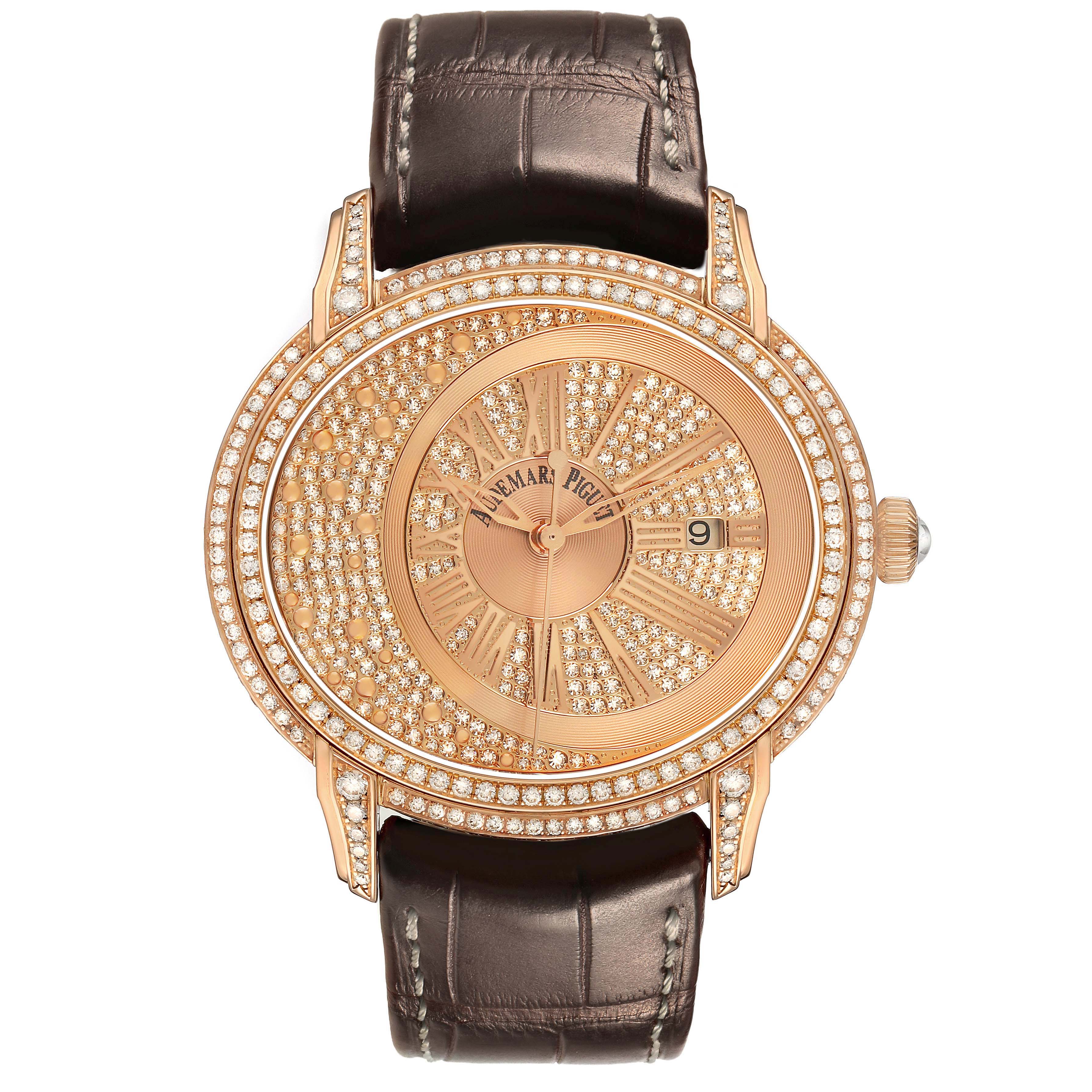 The Audemars Piguet Millenary 15330OR.ZZ.D102CR.01 Men's Rose Gold Pink Dial watch is shown from the front, highlighting its diamond-studded bezel, dial, and leather strap.