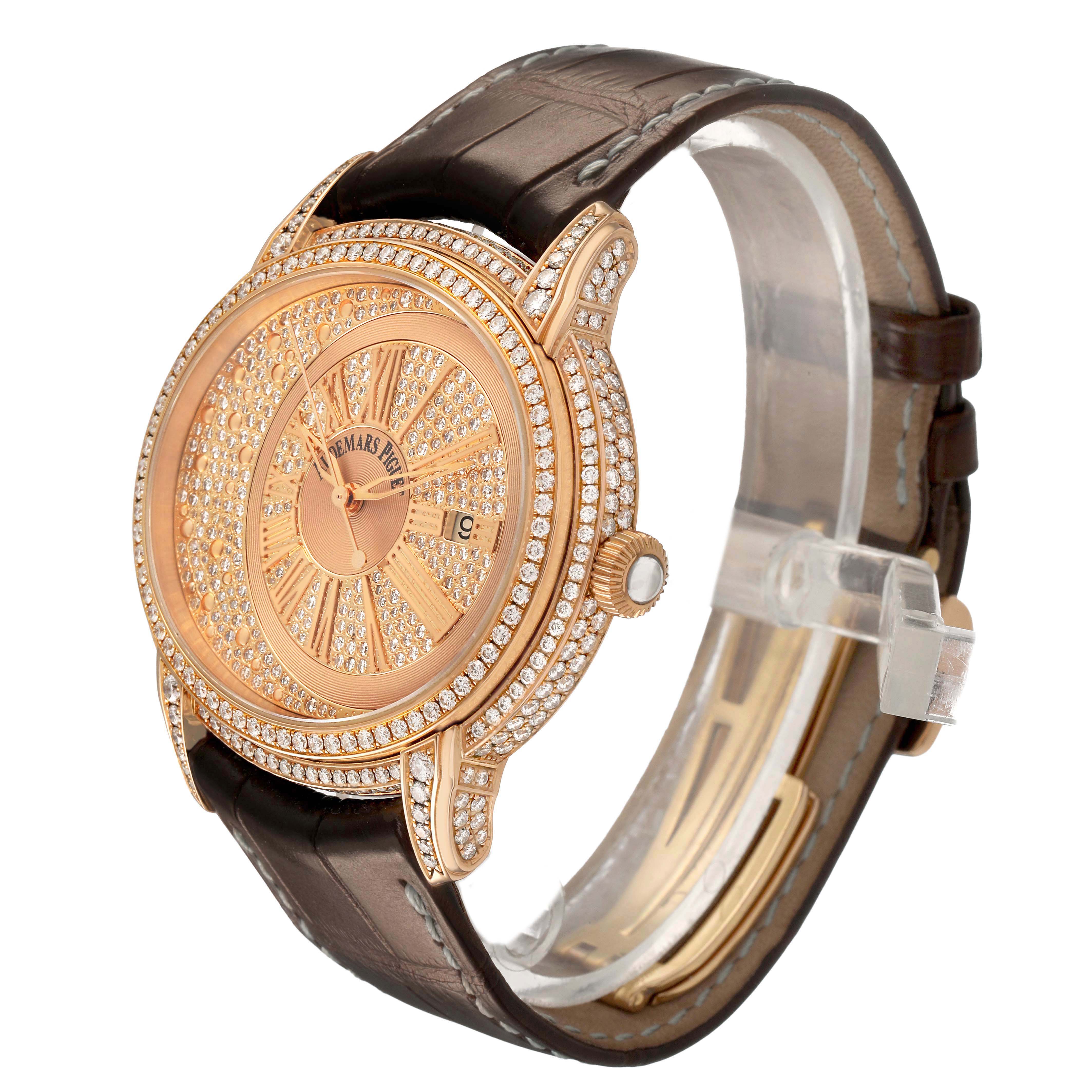 The Audemars Piguet Millenary 15330OR.ZZ.D102CR.01 Men's Rose Gold Pink Dial watch is shown at an angle highlighting its diamond-encrusted bezel, dial, and brown strap.