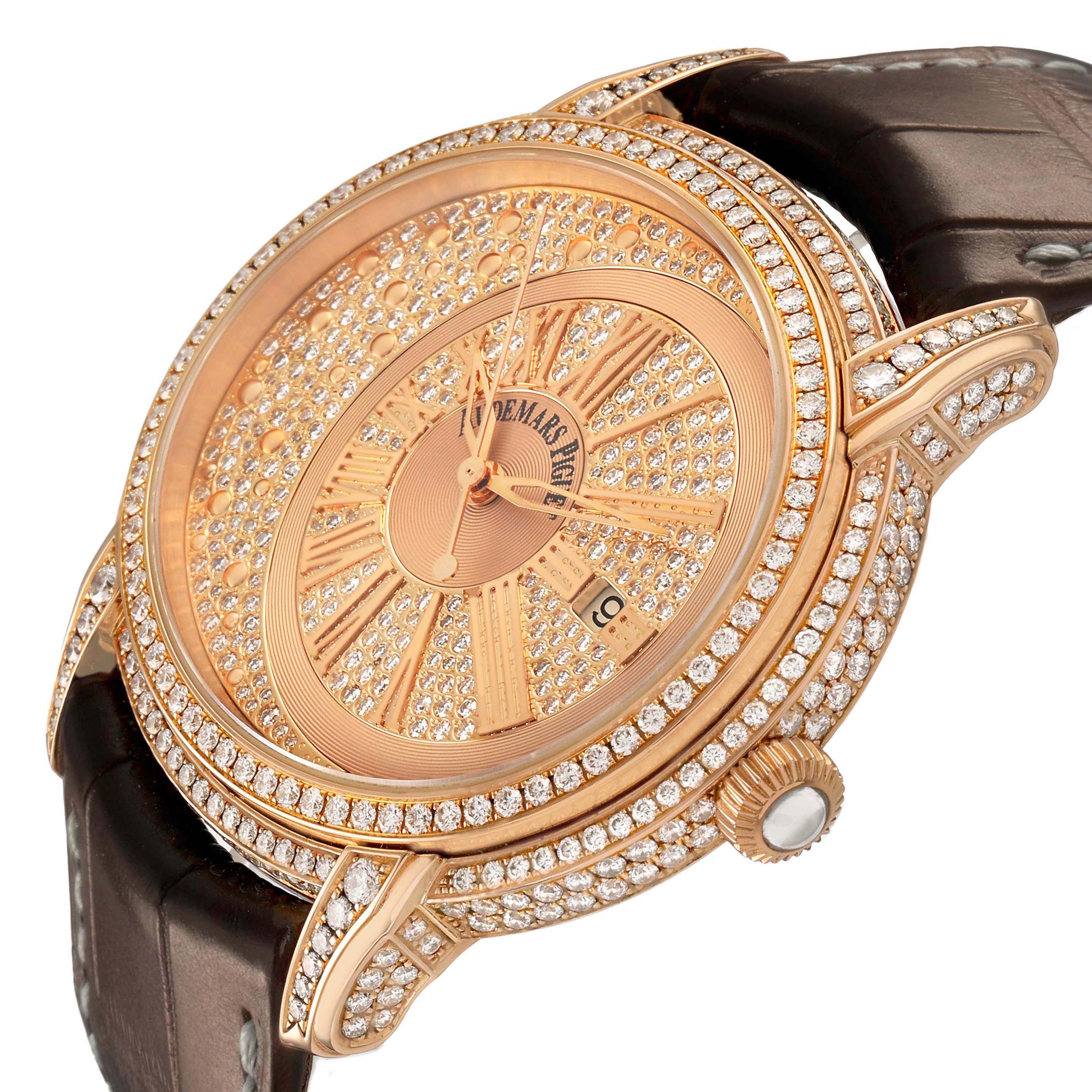 The Audemars Piguet Millenary 15330OR.ZZ.D102CR.01 Men's Rose Gold Pink Dial watch is shown at a slight angle, highlighting the diamond-encrusted bezel, dial, lugs, and crown.