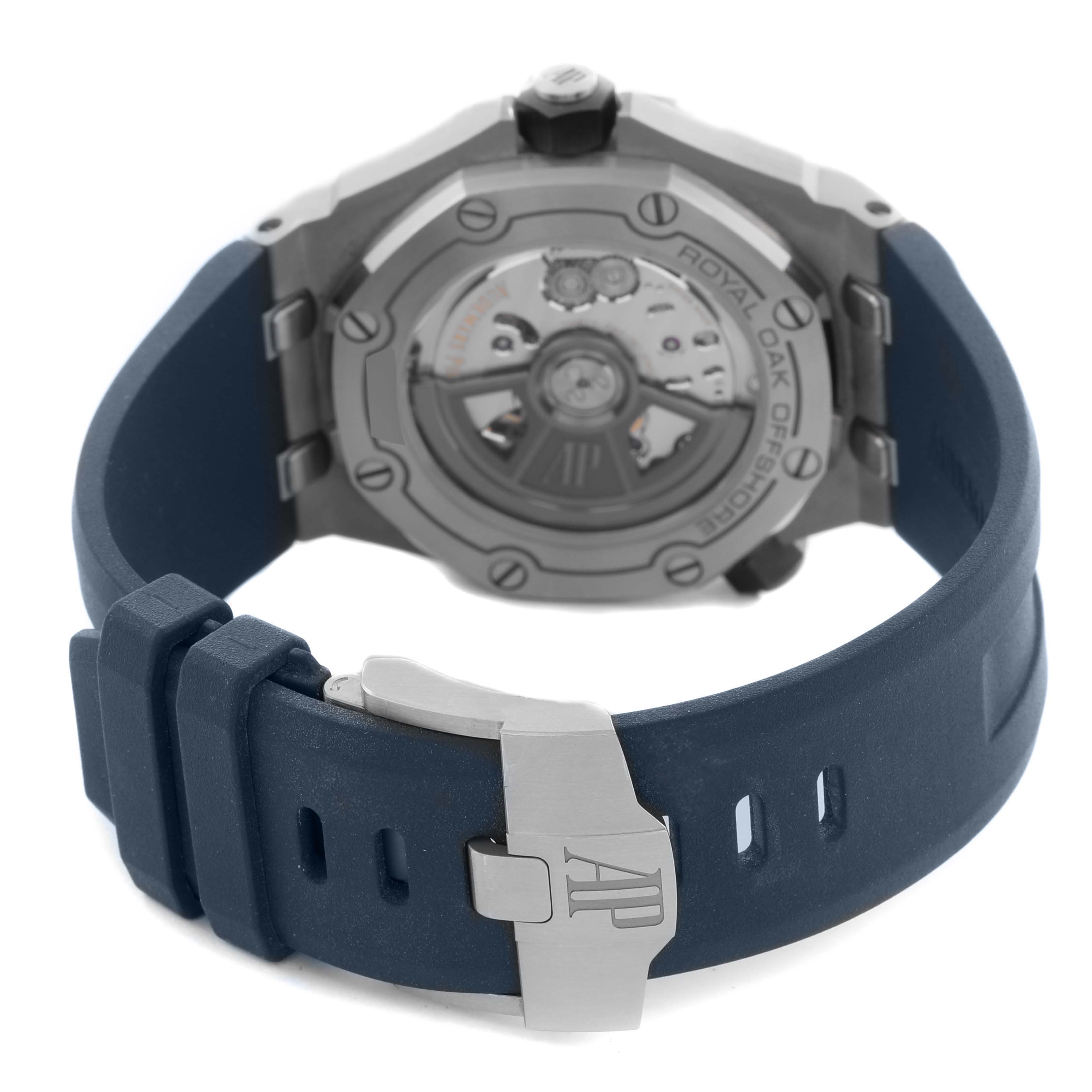 The image shows the back of an Audemars Piguet Royal Oak Offshore 15720ST.OO.A027CA.01 Men's Stainless Steel Blue Dial 15720ST.OO.A027CA.01 Men's Stainless Steel Blue Dial, displaying its case back and blue strap with a clasp.