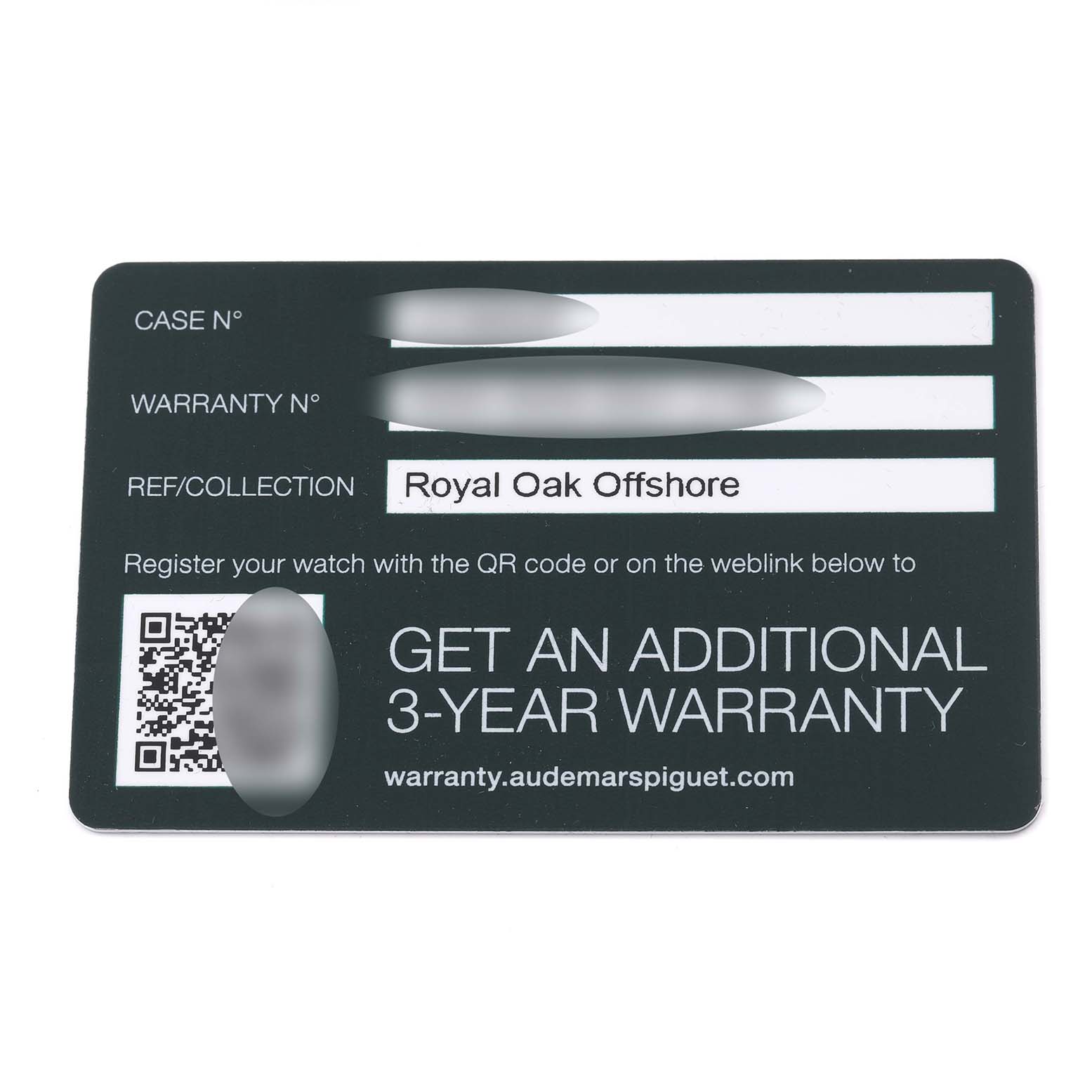 This image shows a warranty card for the Audemars Piguet Royal Oak Offshore 15720ST.OO.A027CA.01 Men's Stainless Steel Blue Dial 15720ST.OO.A027CA.01 Men's Stainless Steel Blue Dial model, detailing the case and warranty numbers.