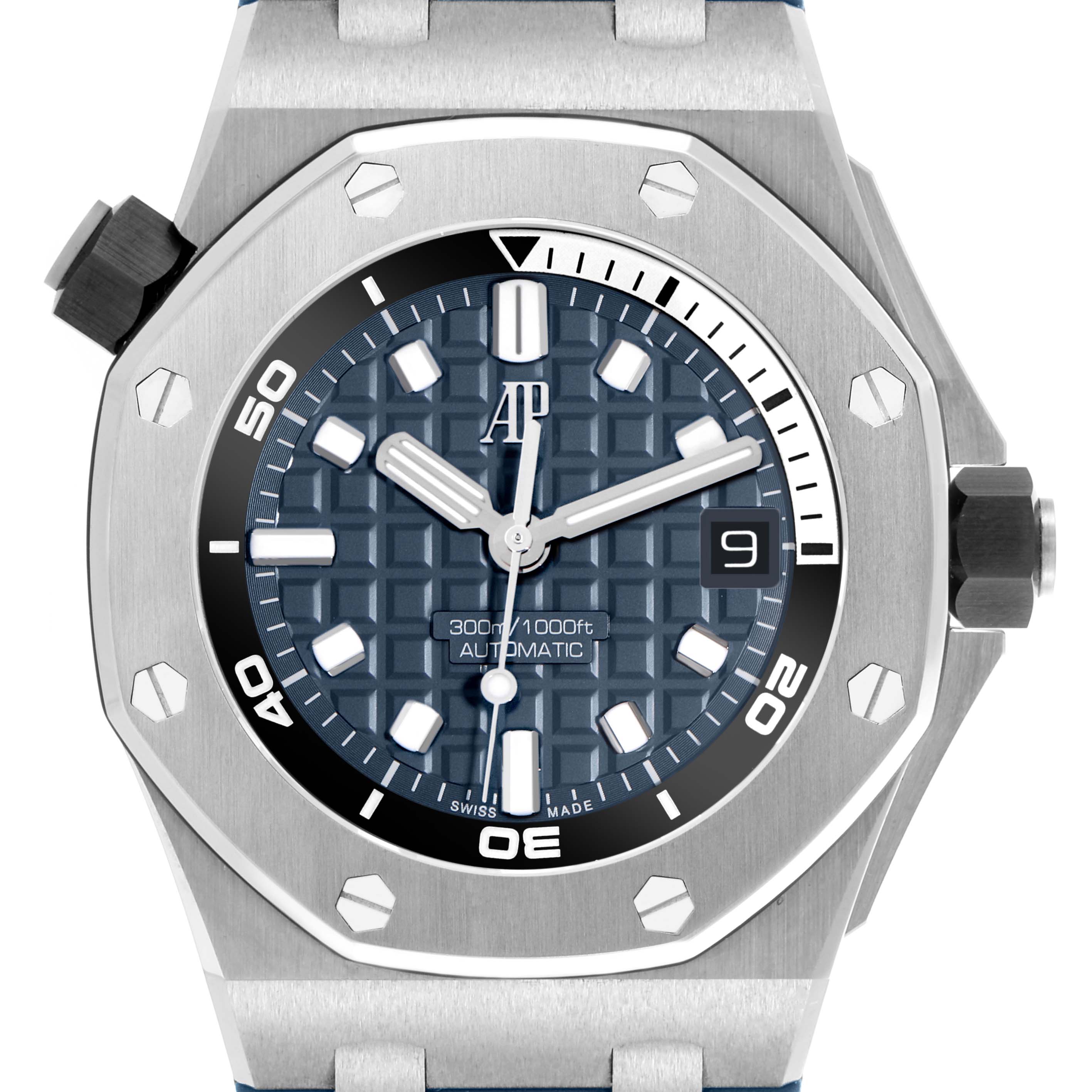 The image shows a front view of the Audemars Piguet Royal Oak Offshore 15720ST.OO.A027CA.01 Men's Stainless Steel Blue Dial 15720ST.OO.A027CA.01 Men's Stainless Steel Blue Dial, highlighting the dial, bezel, and crown.