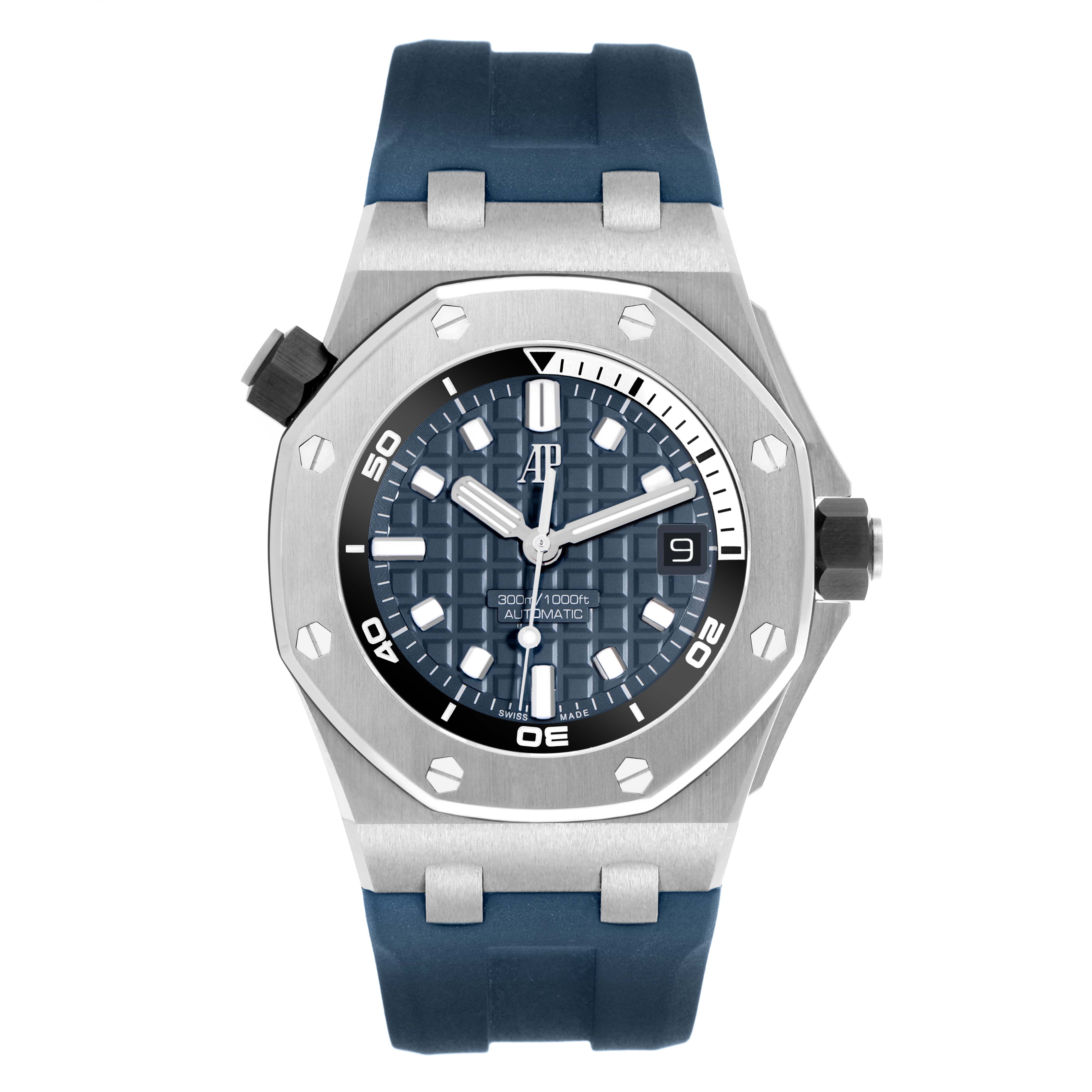 The Royal Oak Offshore by Audemars Piguet is shown from the front, highlighting the blue dial, rubber strap, and octagonal bezel.
