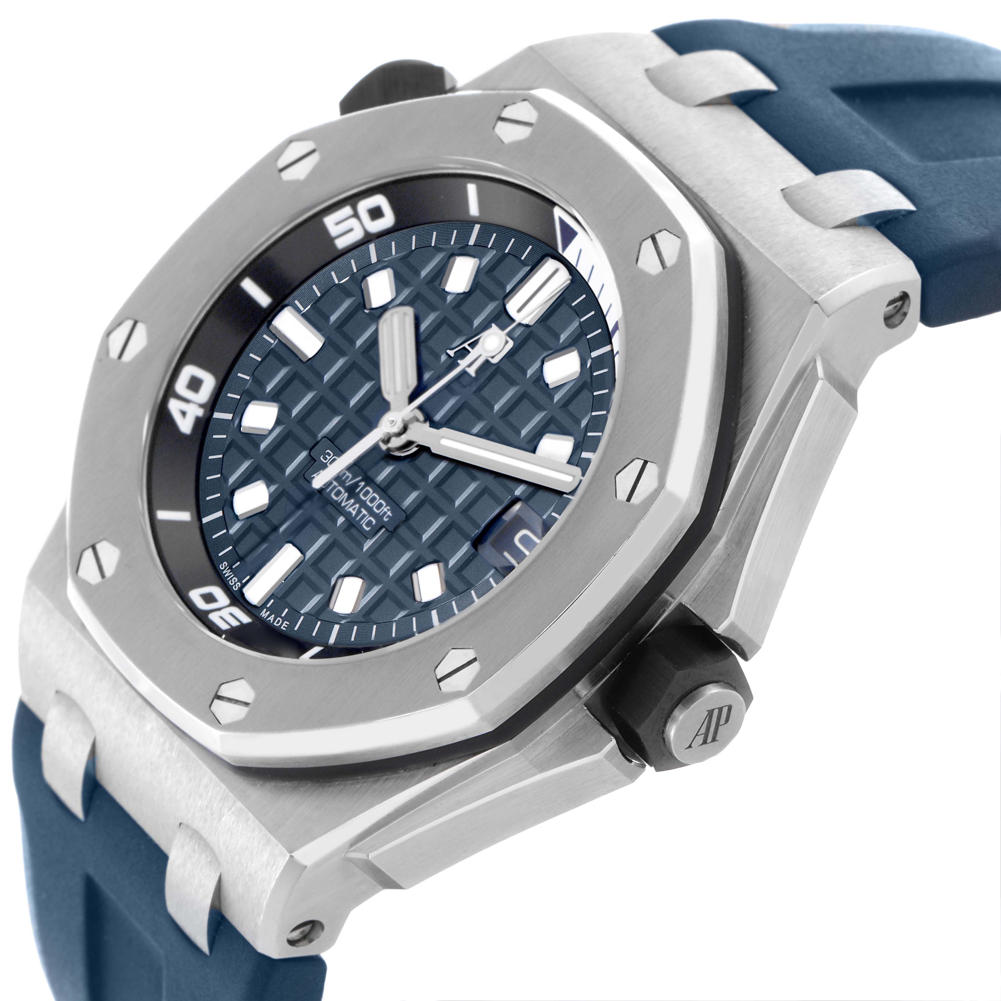 The Audemars Piguet Royal Oak Offshore 15720ST.OO.A027CA.01 Men's Stainless Steel Blue Dial 15720ST.OO.A027CA.01 Men's Stainless Steel Blue Dial is shown from a side angle, displaying the dial, bezel, case, pushers, and strap.