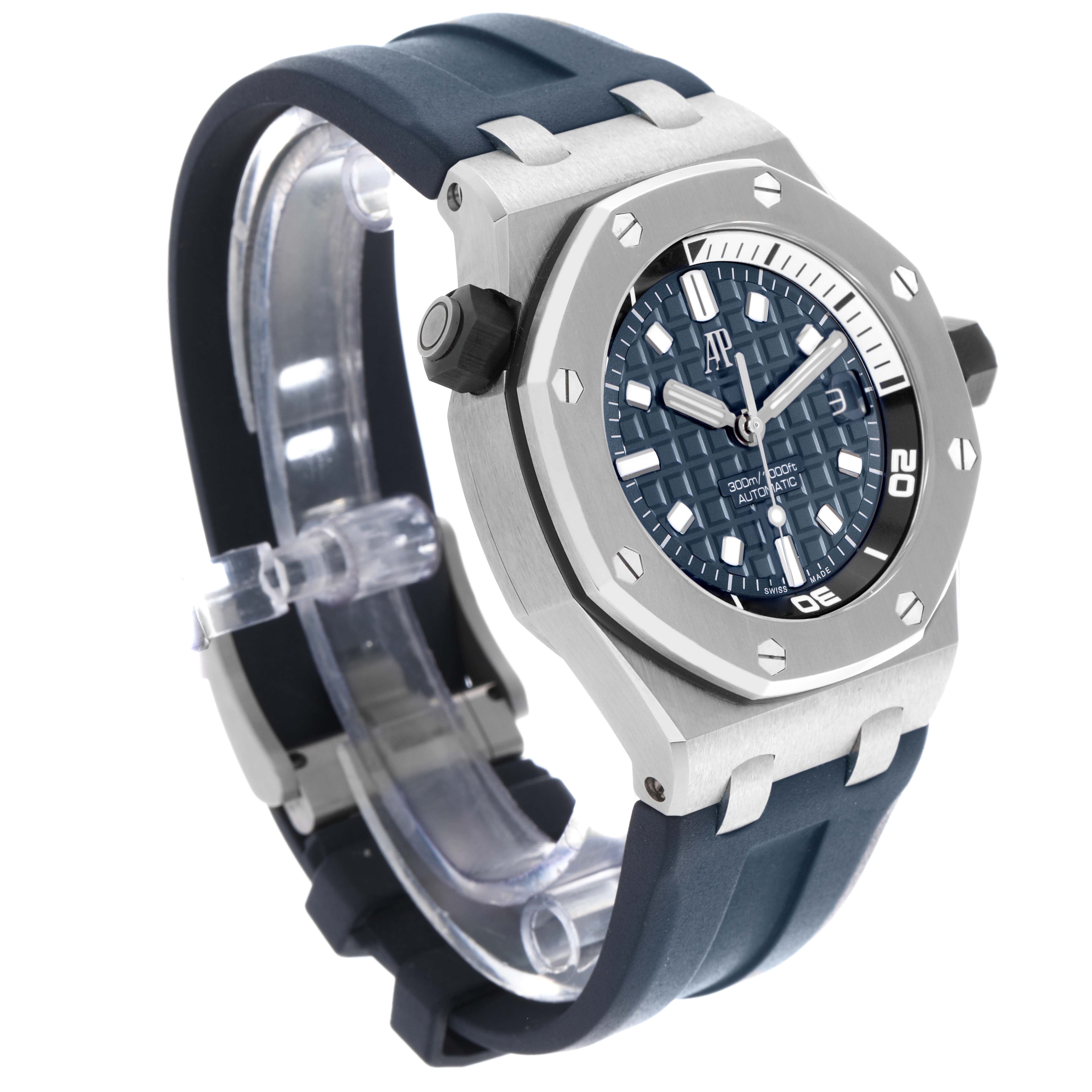 The Audemars Piguet Royal Oak Offshore 15720ST.OO.A027CA.01 Men's Stainless Steel Blue Dial 15720ST.OO.A027CA.01 Men's Stainless Steel Blue Dial watch is shown at a slight angle, highlighting the face, bezel, and strap.