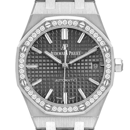 The Audemars Piguet Royal Oak 15451ST.XX.1256ST.02 Men's Stainless Steel Silver Dial watch is shown from the front, highlighting its bezel, dial, hands, and date window.
