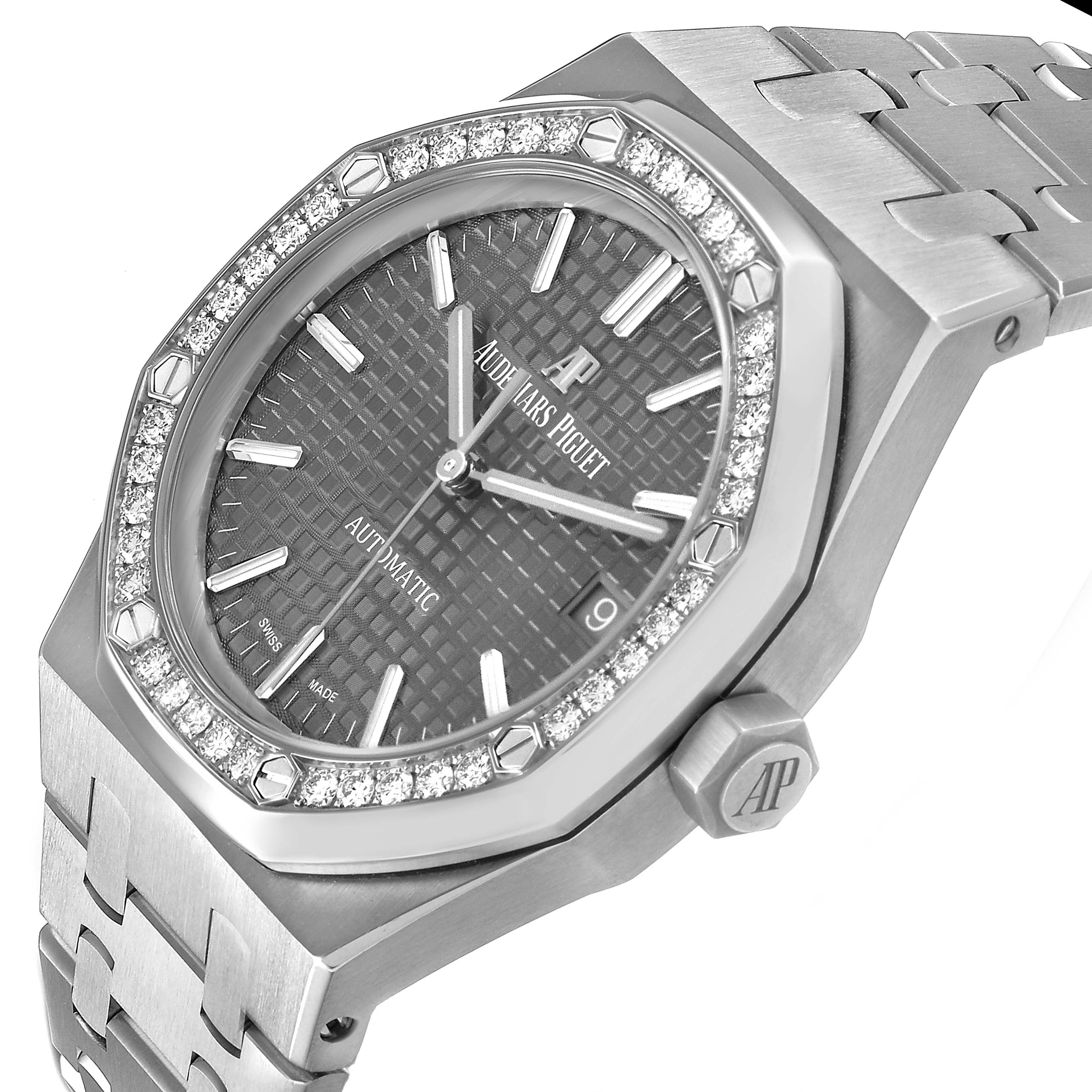 The Audemars Piguet Royal Oak 15451ST.XX.1256ST.02 Men's Stainless Steel Silver Dial watch is shown from an angled side view, displaying its bezel with diamonds, dial, crown, and integrated bracelet.