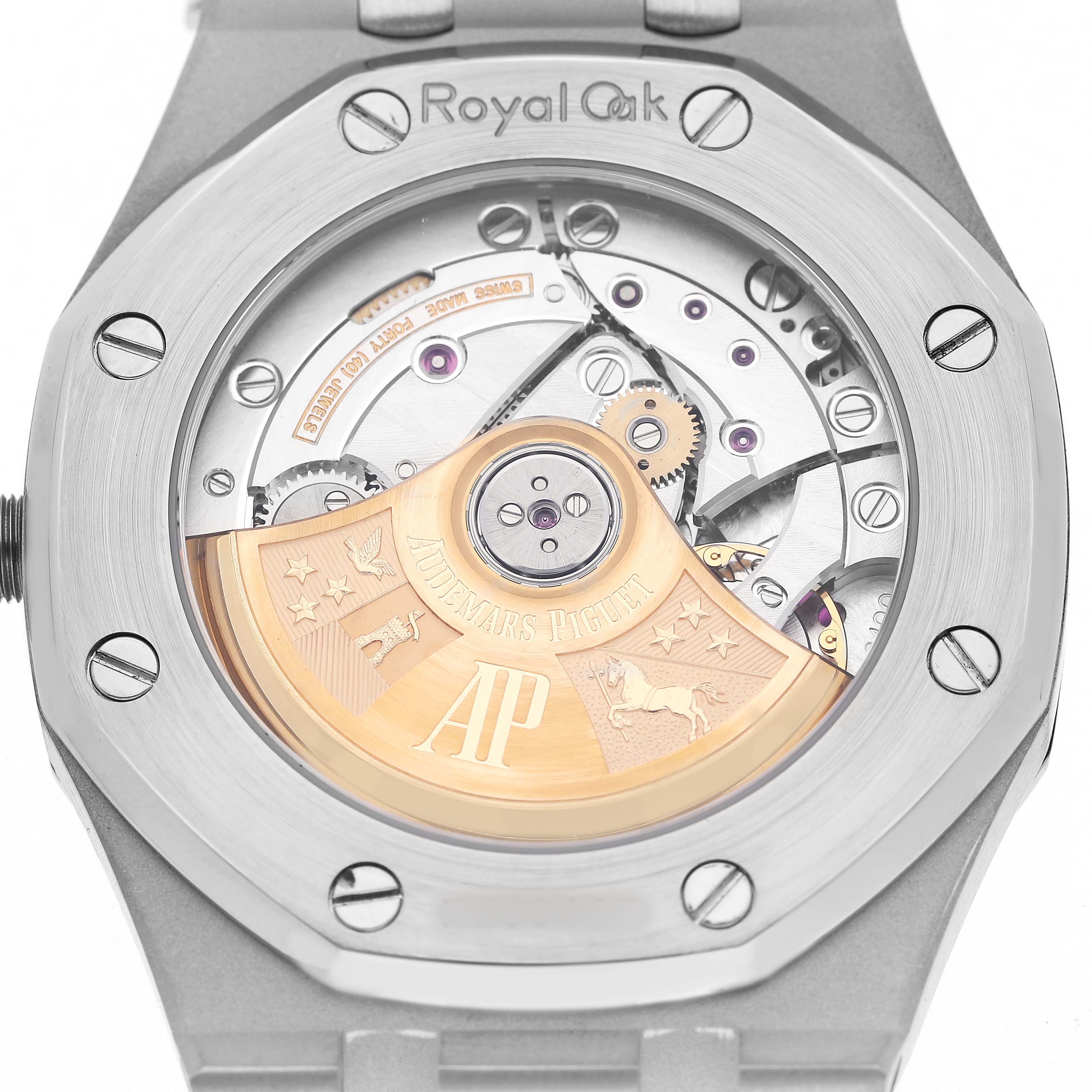 The image shows the case back of the Audemars Piguet Royal Oak 15451ST.XX.1256ST.02 Men's Stainless Steel Silver Dial watch, highlighting the rotor and movement details.
