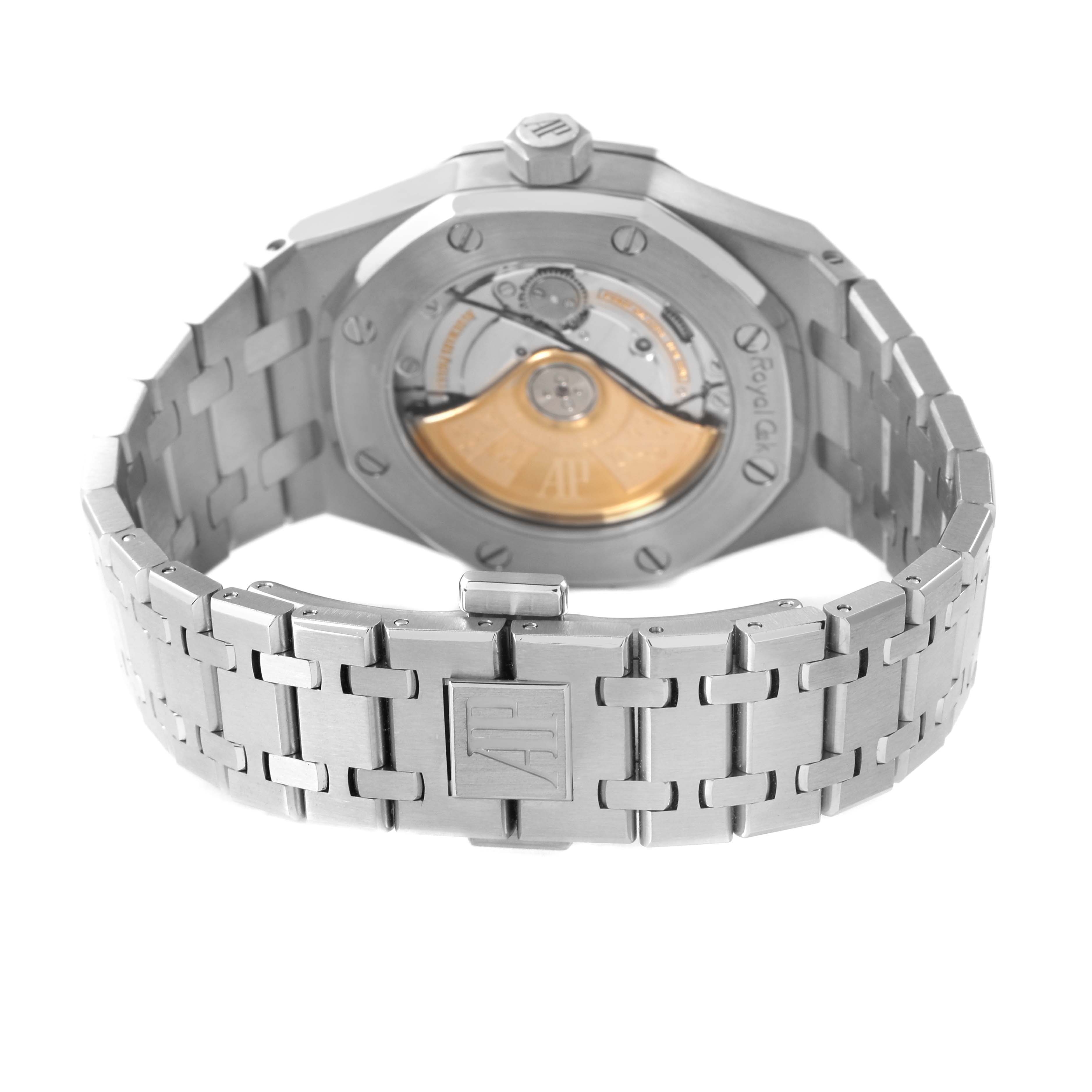 The image shows the back view of the Audemars Piguet Royal Oak 15451ST.XX.1256ST.02 Men's Stainless Steel Silver Dial, highlighting the case back and bracelet.