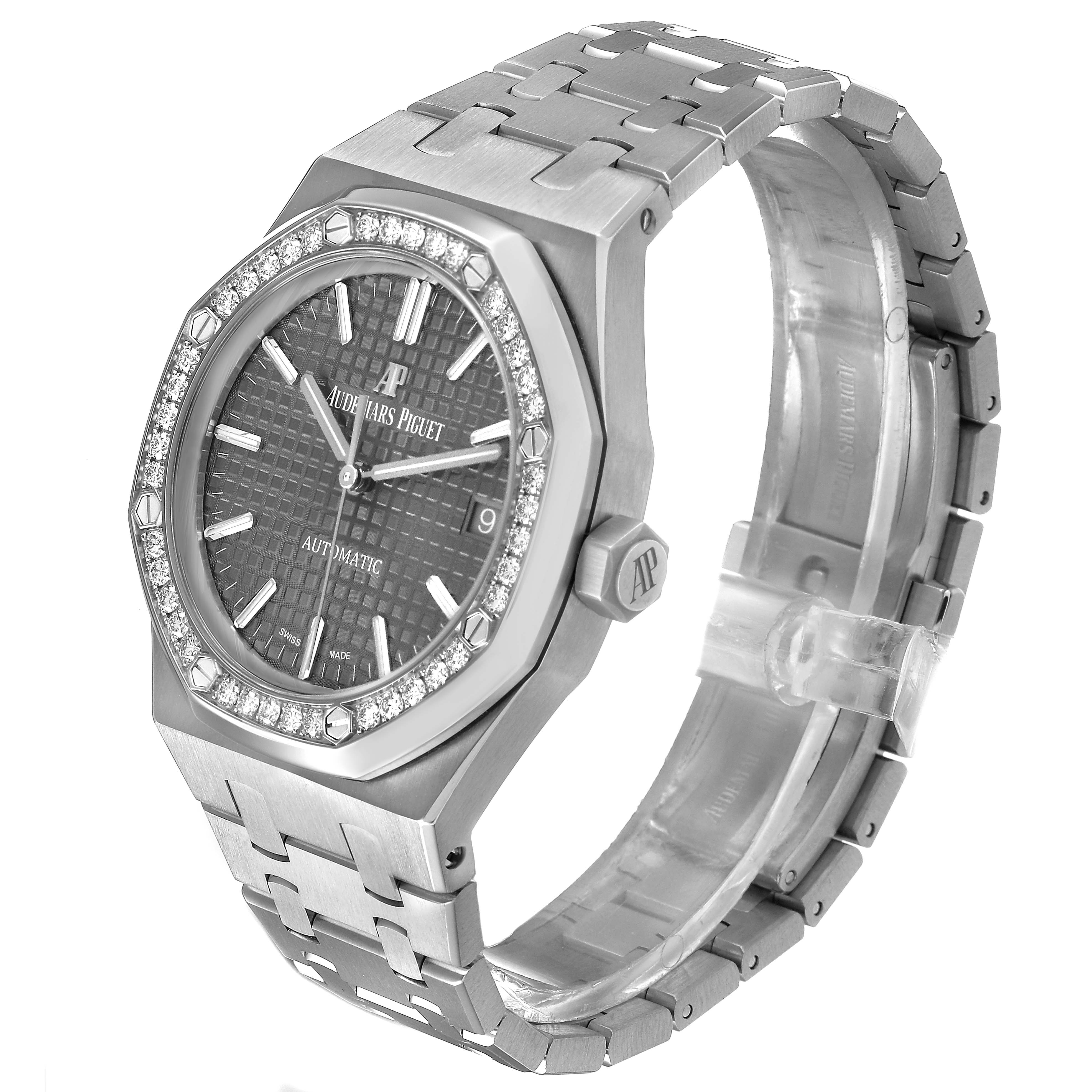 The Audemars Piguet Royal Oak 15451ST.XX.1256ST.02 Men's Stainless Steel Silver Dial watch is shown at a three-quarter angle, highlighting the face, bezel, crown, and bracelet.
