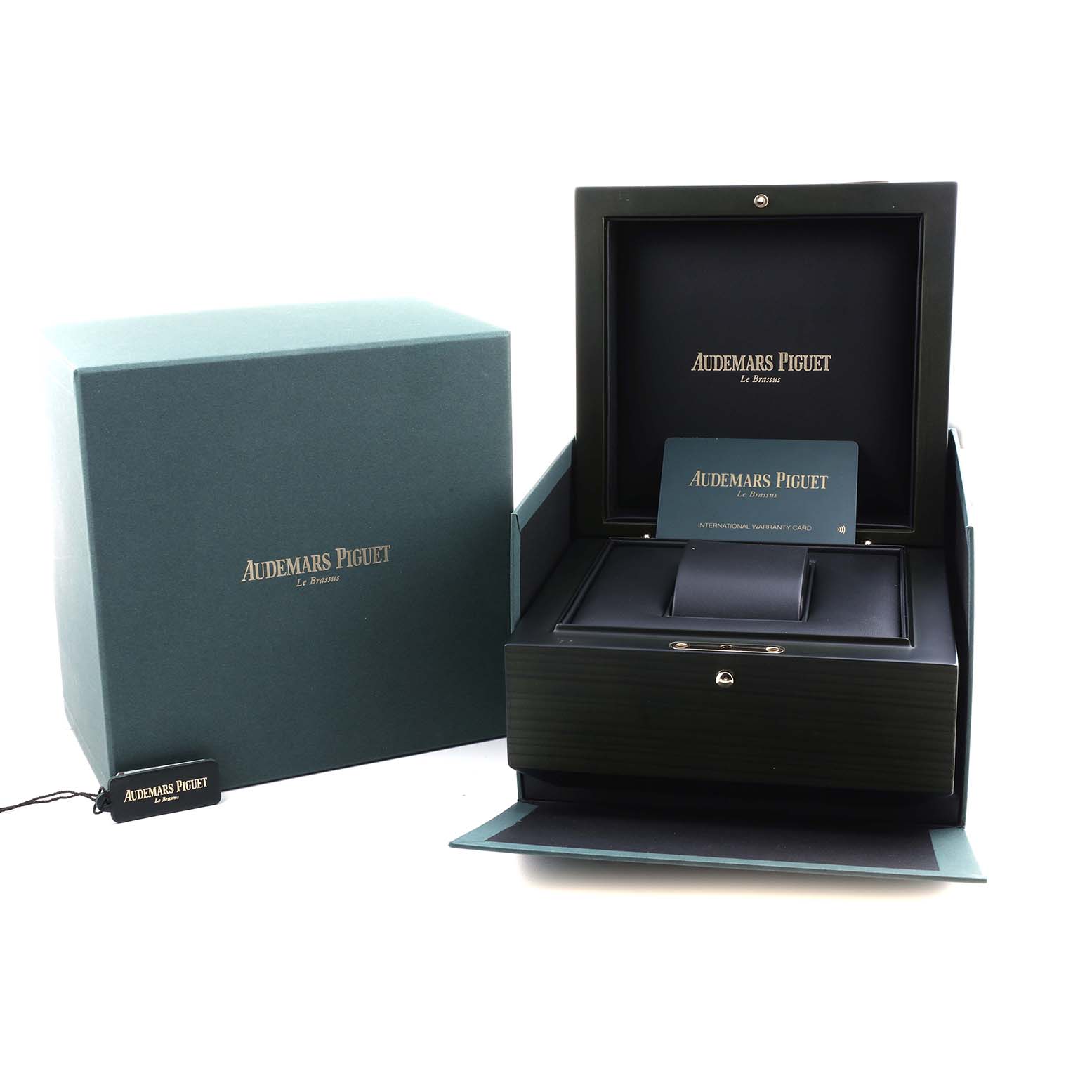 This image shows the Audemars Piguet Royal Oak 15451ST.XX.1256ST.02 Men's Stainless Steel Silver Dial watch packaging, including the box and warranty card, viewed from the front.