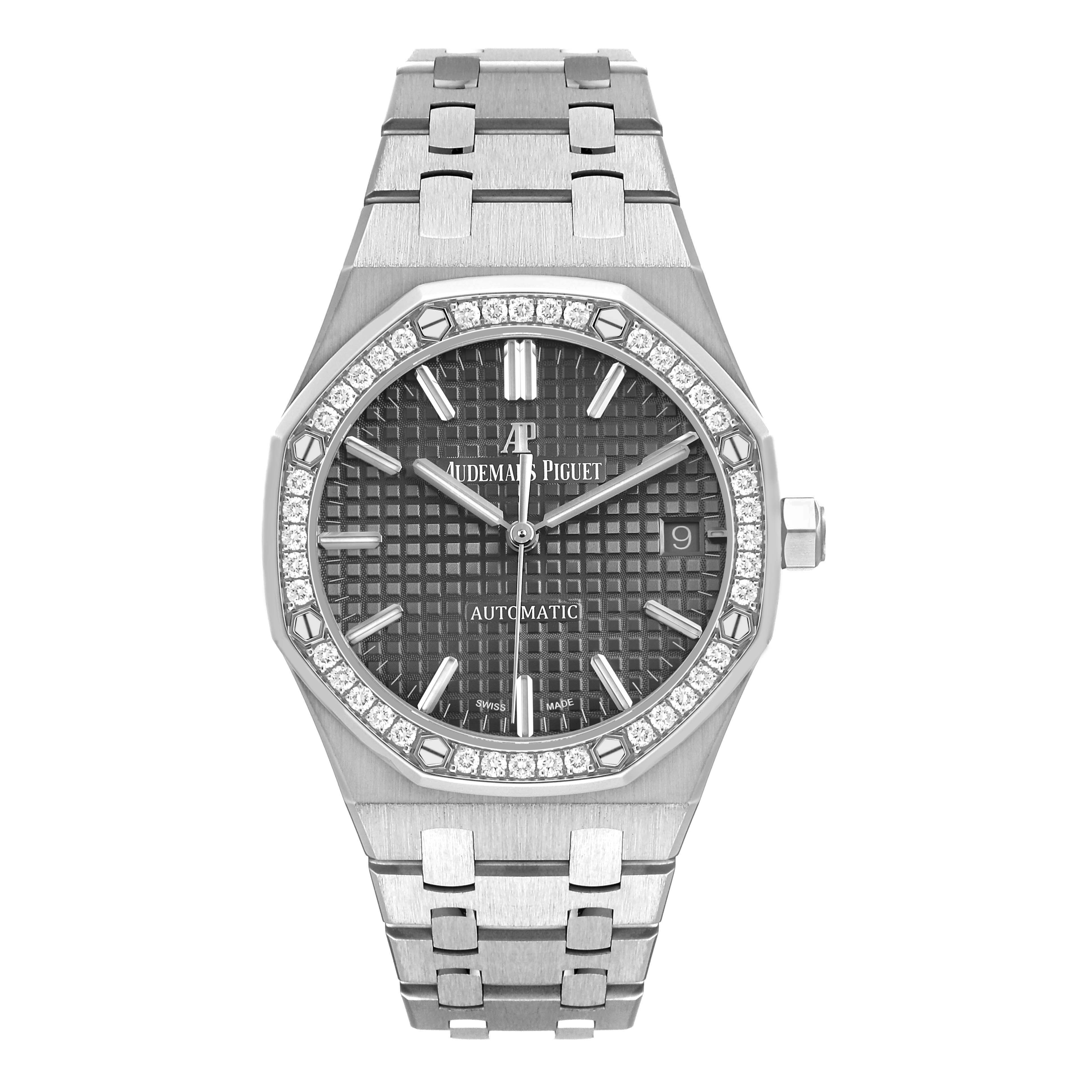 The Audemars Piguet Royal Oak 15451ST.XX.1256ST.02 Men's Stainless Steel Silver Dial watch is shown from a top view, highlighting its bezel, dial, bracelet, and crown.
